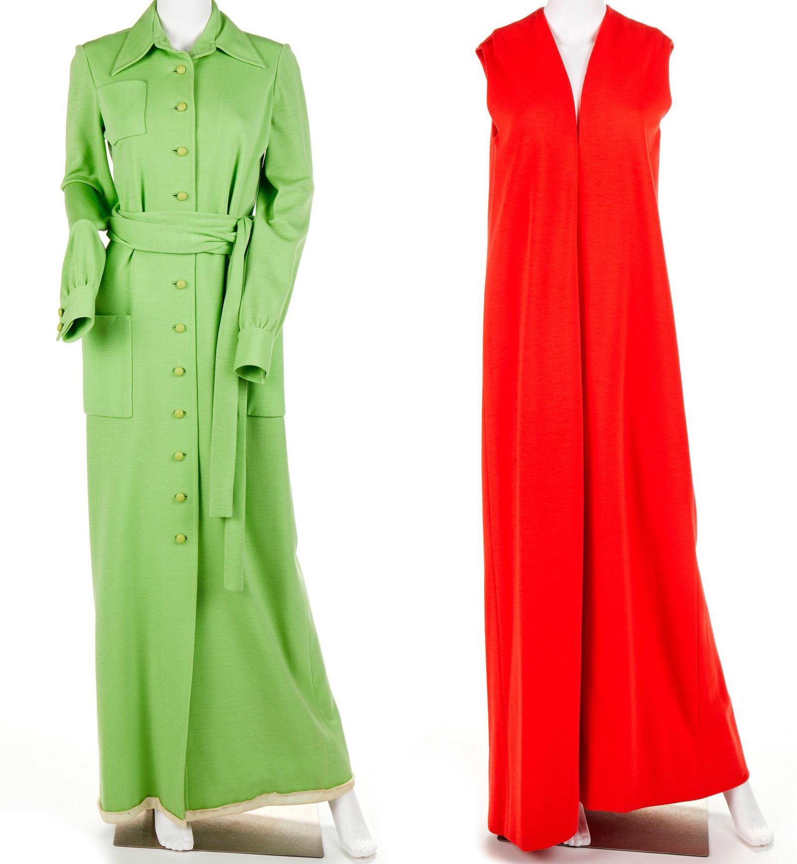 Two Norman Norell clothing items: Circa 1960s Each with Norman Norell fabric label Comprising a lime green maxi dress (with extra buttons sachet attached) and a long red buttonless vest, 2 pieces