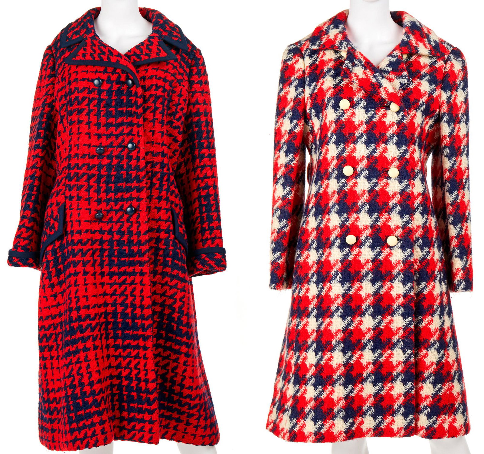 Two woven coats: Third quarter 20th century One with fabric label: Originala Comprising one red, white, and blue wool coat together with one navy and red coat, 2 pieces