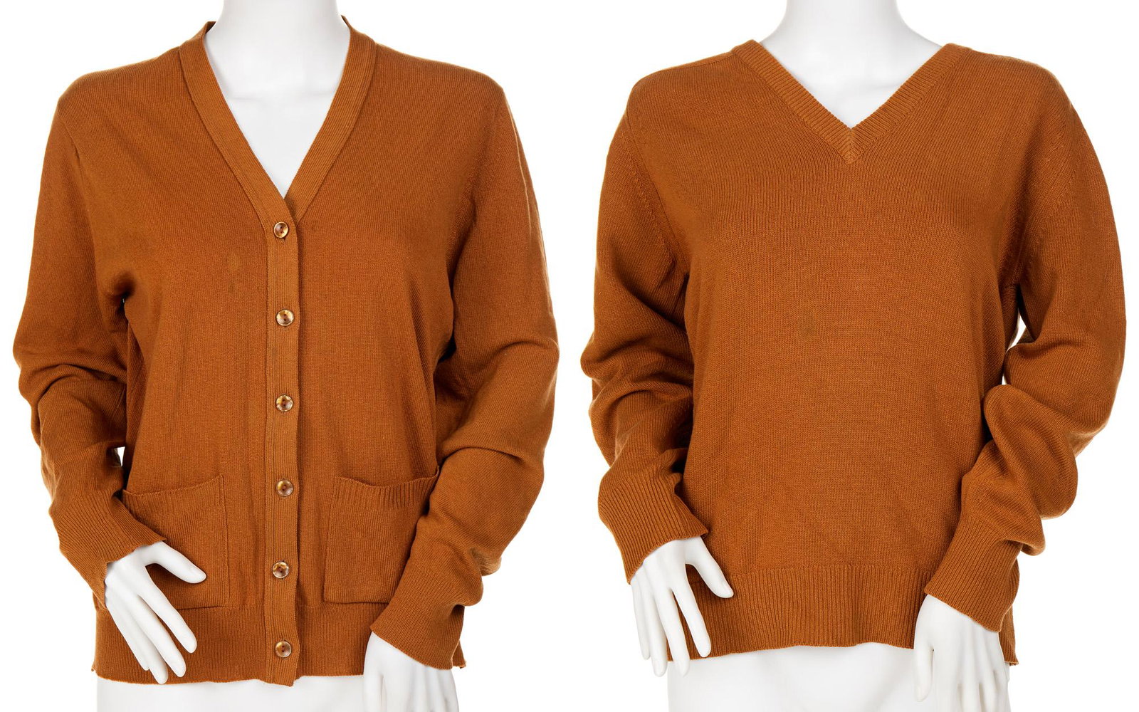 Two Hermes sweaters: Fourth quarter 20th century Each with fabric label: Hermes Paris Comprising a cardigan (size 42) and a V-neck sweater each in light brown (bust: 20.5"), 2 pieces