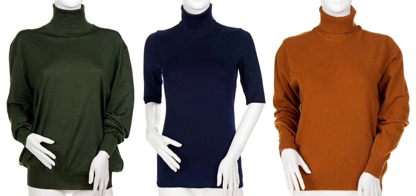 Three Hermes turtleneck sweaters: Fourth quarter 20th century Each with fabric label: Hermes Paris Comprising one navy short-sleeved turtleneck (bust: 15.5"), one brown cashmere turtleneck (size 42), and one green cashmere and silk bl