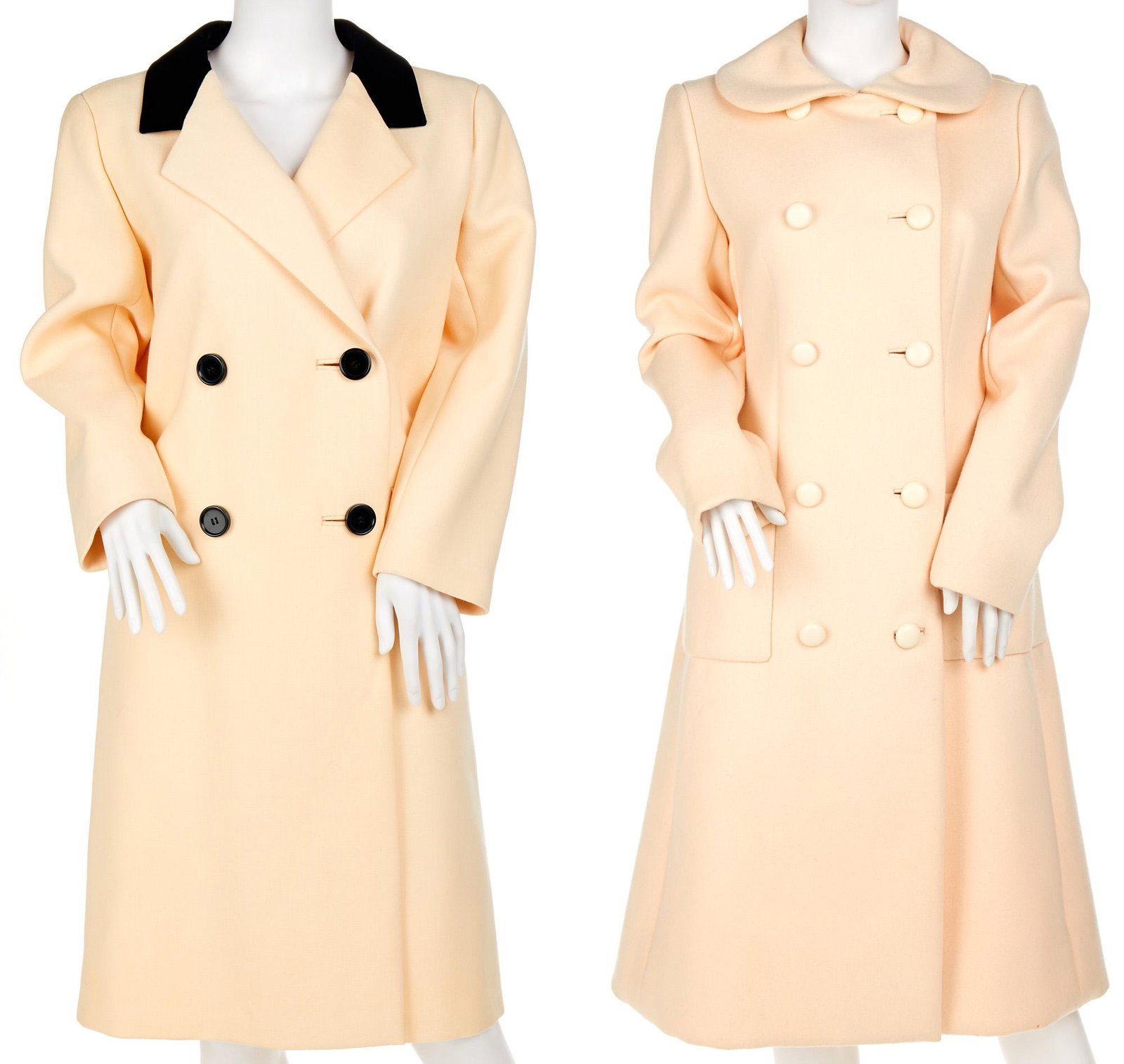 Two Norman Norell coats: Circa 1960s Each with Norman Norell fabric label Comprising two cream coats, one with velvet collar, 2 pieces