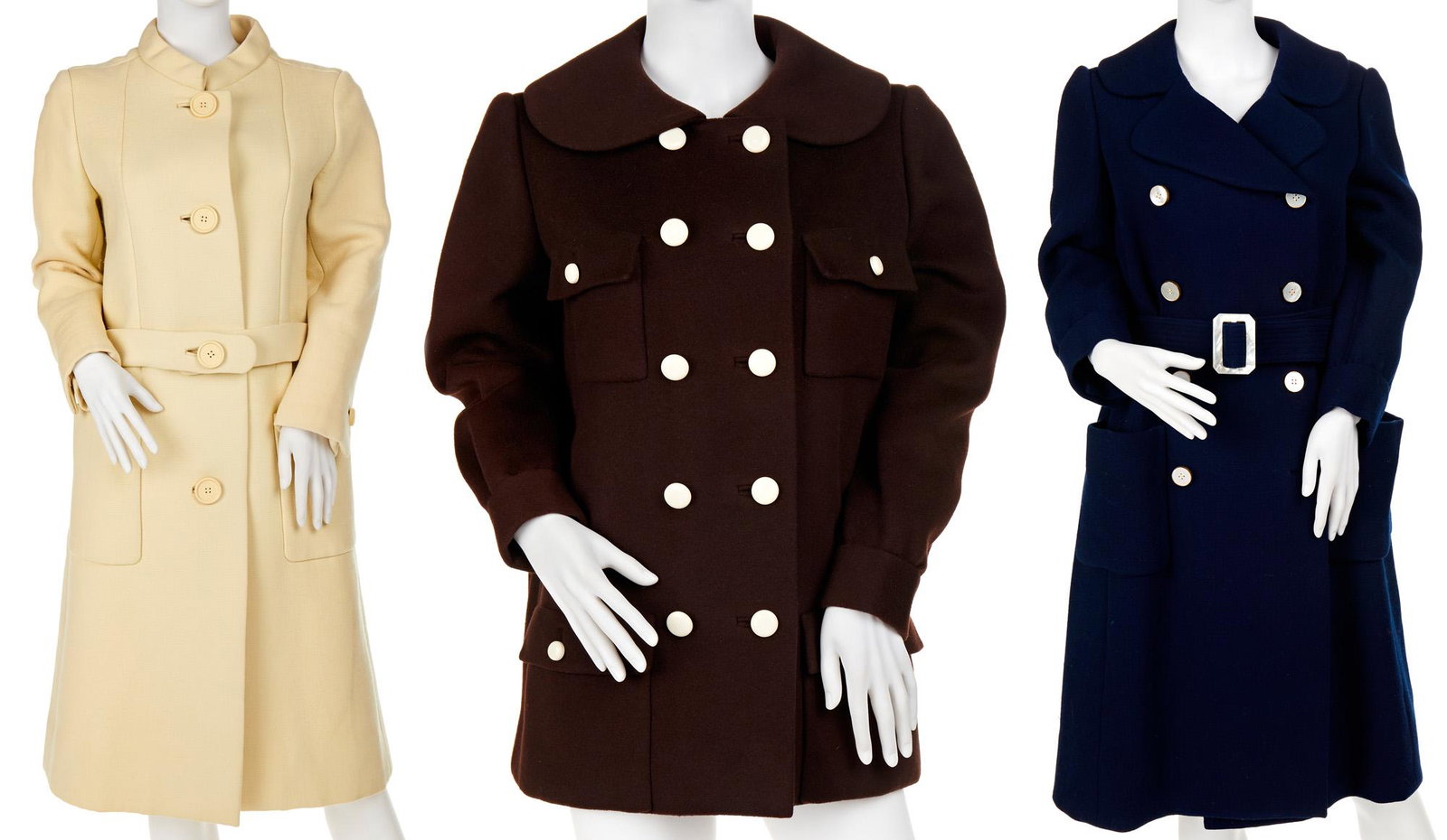 Three Norman Norell coats: Circa 1960s Each with Norman Norell fabric label Comprising one navy, one brown, and one cream coat, 3 pieces