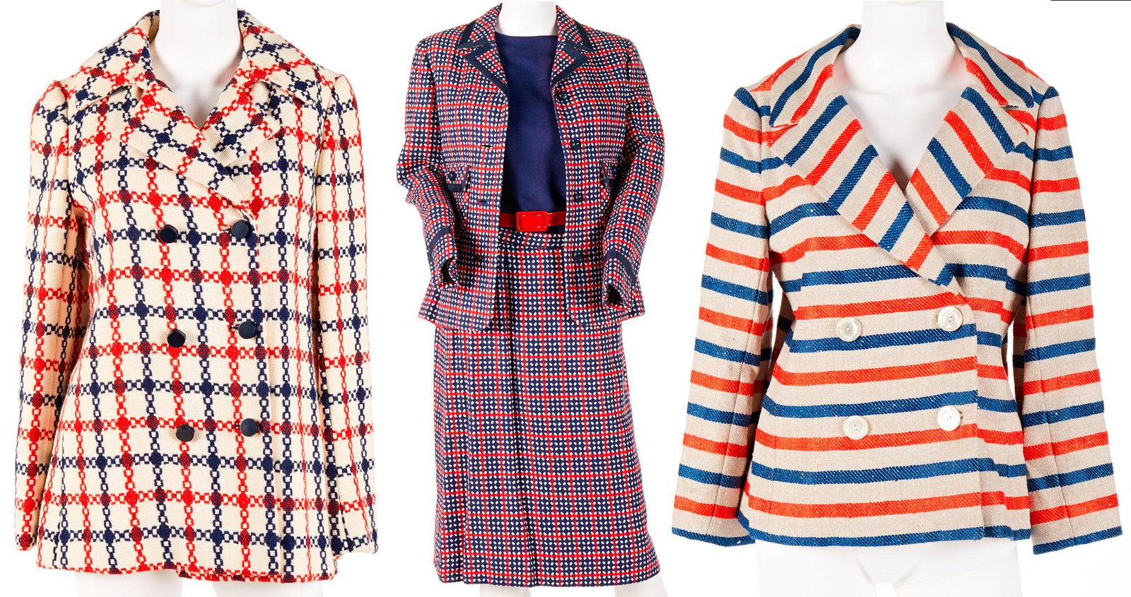 A group of vintage workwear: Circa 1960s Each with fabric label Comprising an I. Magnin skirt suit with linen sleeveless blouse (Bust: 17", skirt waist: 14"), a BH Wragge jacket (bust: 19"), and a Nan Herzlinger jacket (size 12),