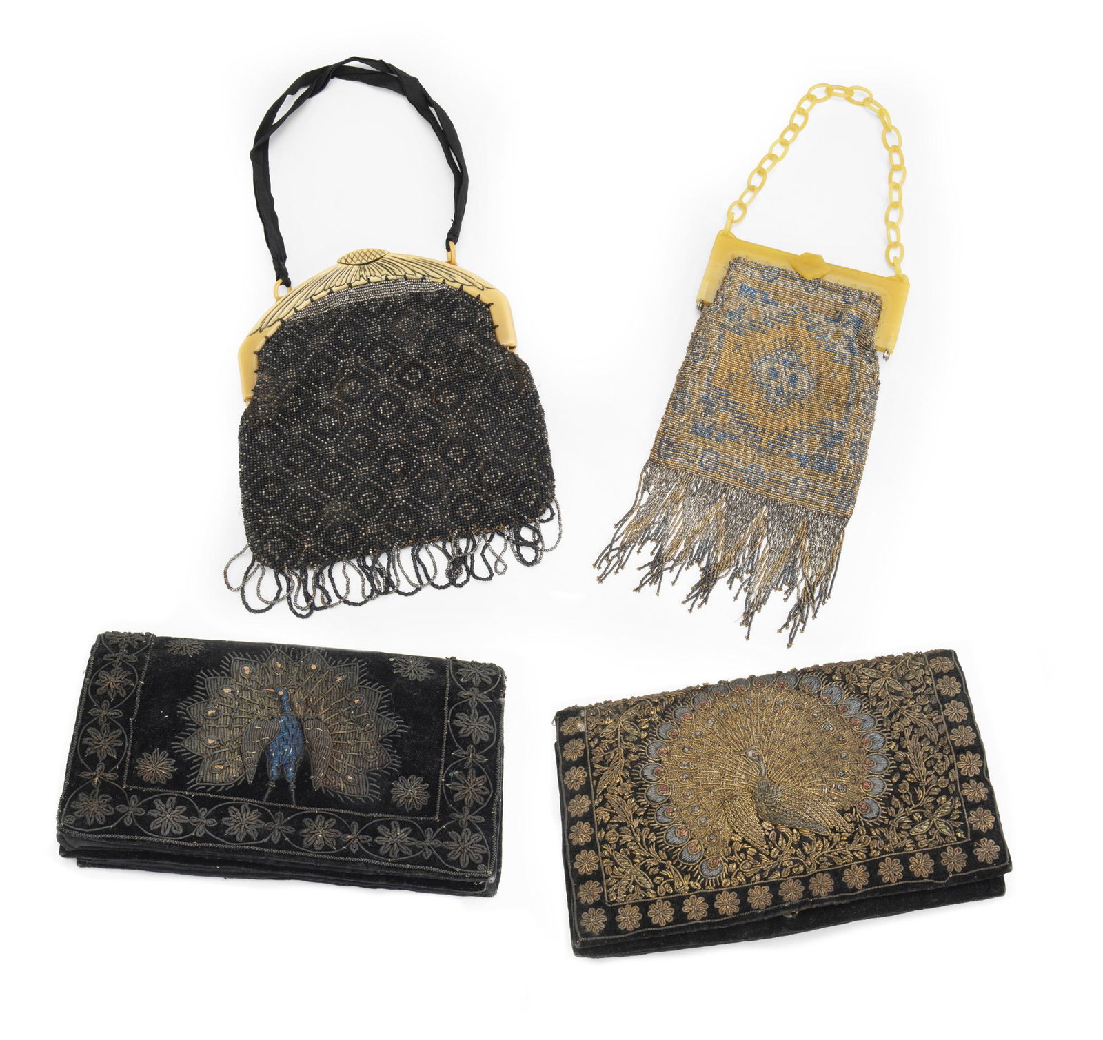 Four beaded handbags: Second quarter 20th century Comprising a beaded bag with Bakelite clasp, a polychrome beaded fringed bag with Bakelite clasp, and two peacock-motif clutches, 4 pieces Largest with fringe: 9" H x 7.125