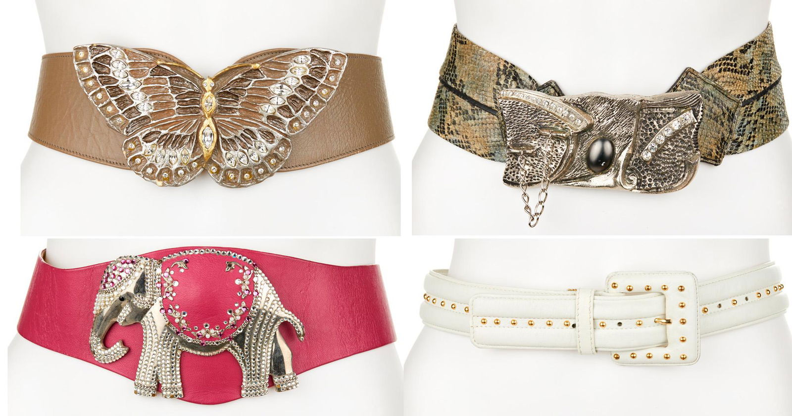 Four leather belts: Comprising an Yves Saint Laurent studded white leather belt, a magenta elephant belt, a butterfly belt, and a snakeskin belt with jeweled buckle, 4 pieces Largest: 37.5" L x 4" H