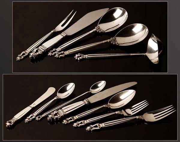 A Georg Jensen 'Acorn' sterling flatware service: Designed by Johan Rohde circa 1915, second half 20th century, with maker's mark and further marked ''Sterling / Denmark'', comprising 22 dinner forks (7.5''), 26 salad forks (6.5''), 8 dessert spoons