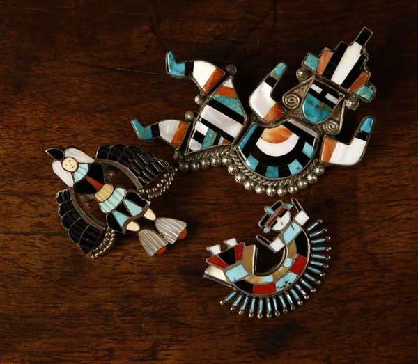 Three pieces Native American Zuni pins ring