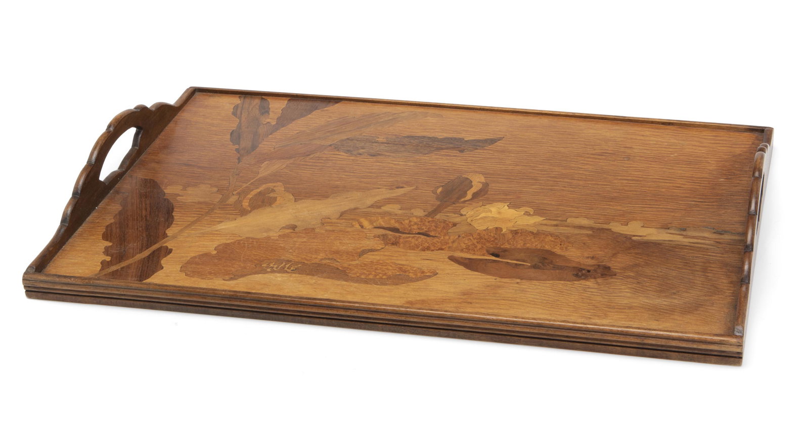A marquetry tray: Late-19th/early-20th Century Signed in inlay: Galle The tray with inlaid flower and leaf design 3.125" H x 24.125" W x 15.75" D