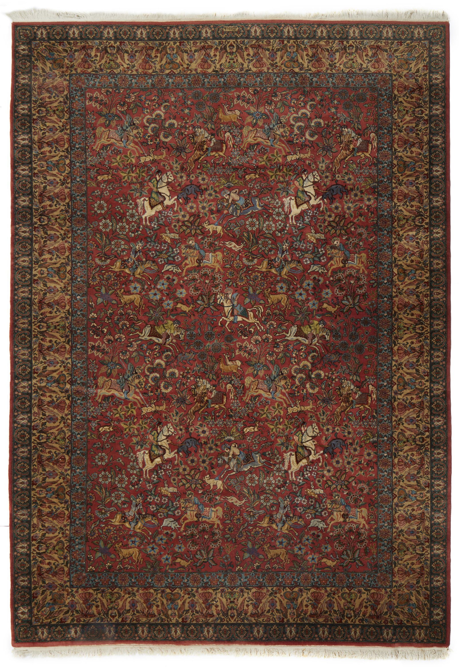 A Perisan area rug: Second-quarter 20th Century The wool on cotton rug with hunting motif 143" H x 99.5" W
