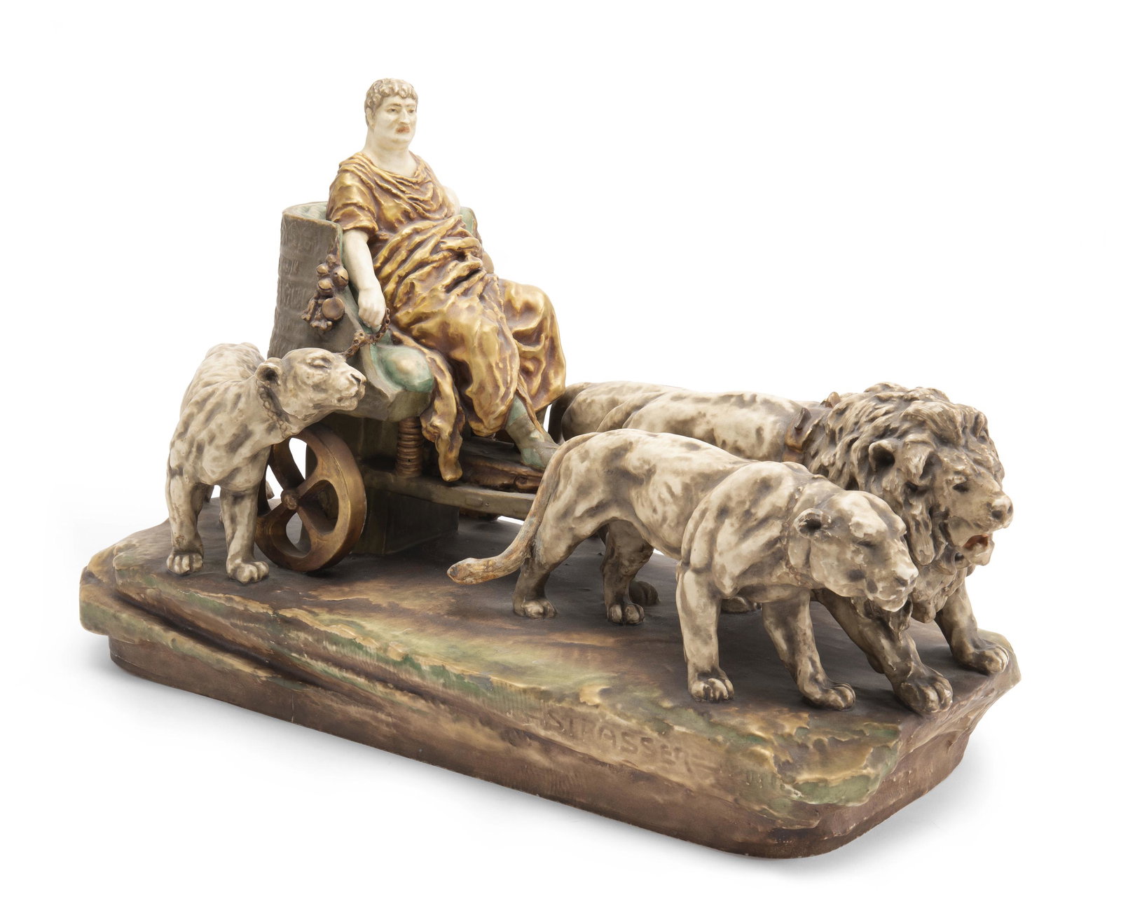 An Amphora figural chariot group: Circa 1905-1910; Teplitz, Austria Marked for Amphora Riesser & Kessel Turn-Teplitz: Amphora / Austria / [Crown] / 4638; Further signed to base: Strasser The statue depicting Nero and his chariot accom