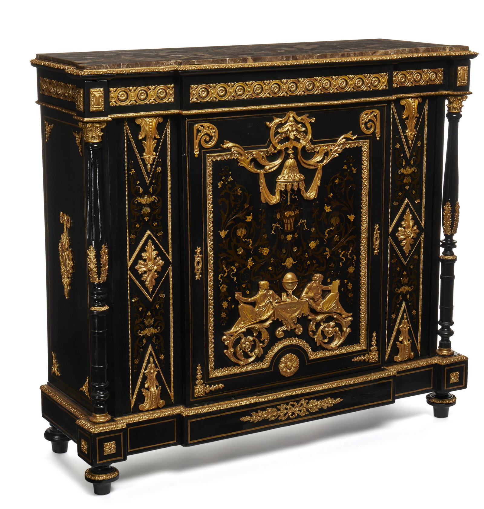 An ebonized wood marble topped credenza: Late-19th/early-20th Century The ebonized wood credenza with marble top, gilt-bronze marquetry mounts throughout, and a single door with a central philosopher-themed bronze scene flanked by two corner
