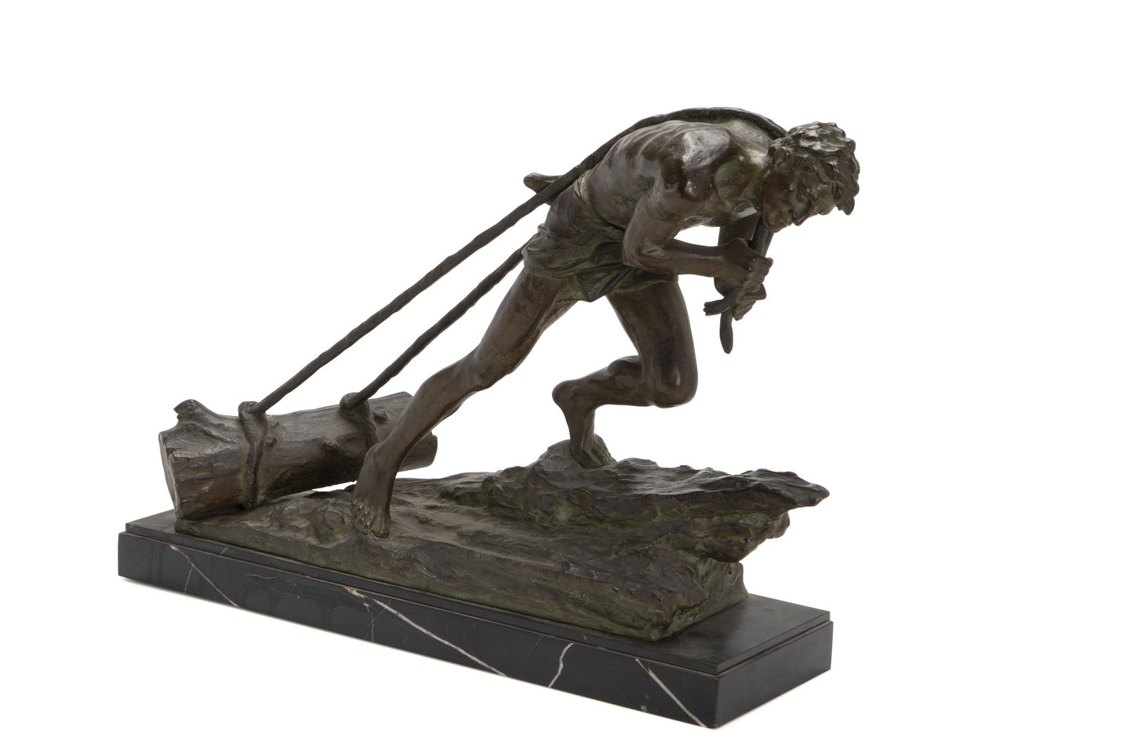 Edouard Drouot (1859-1945, French): La Force Patinated bronze on marble base Signed: E. Drouot / Bronze 17.75" H x 25.5" W x 8.5" D
