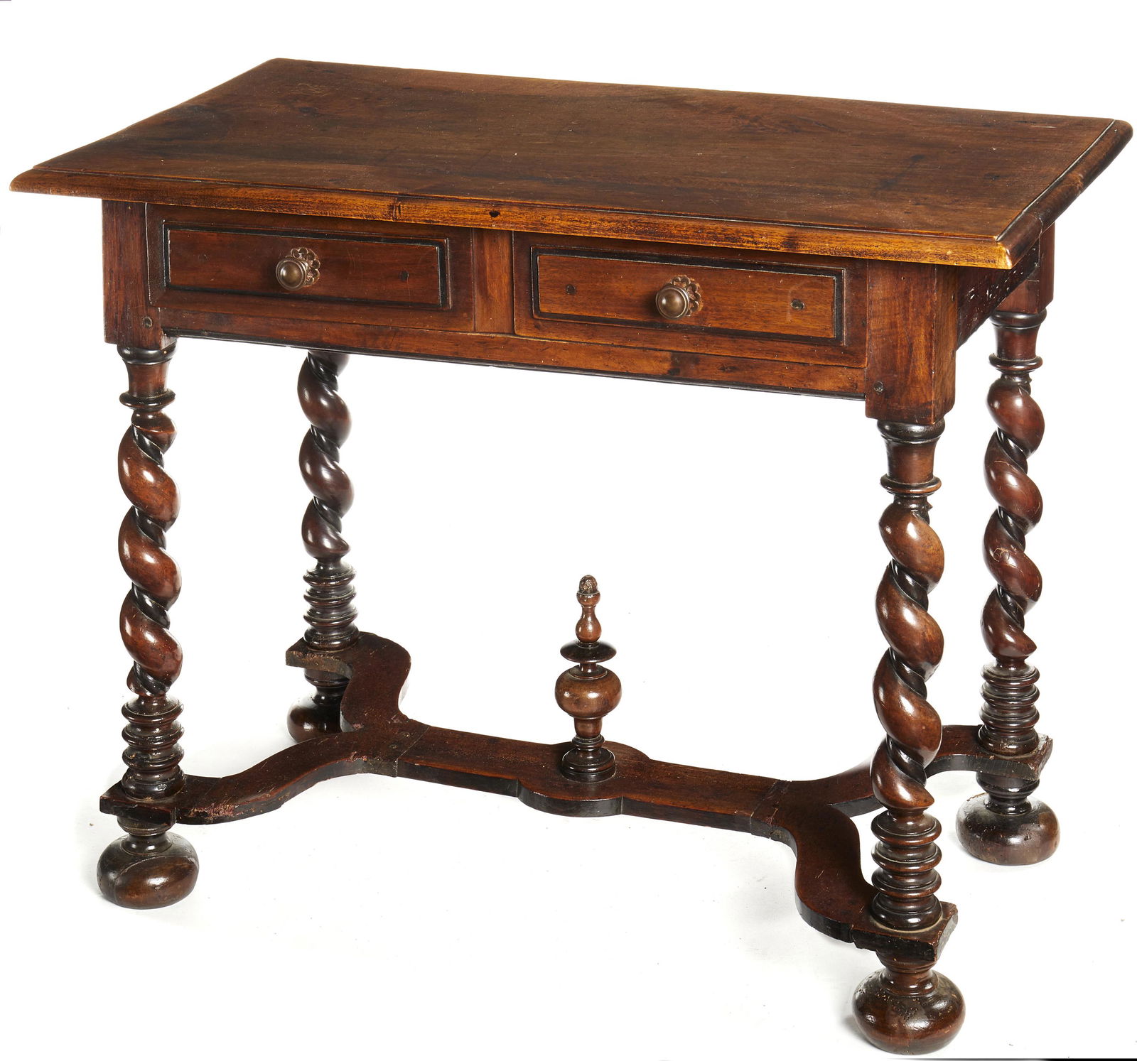 A rectangular Spanish console table: 19th century The rectangular top over one long drawer with later-added blue stick-on fabric interior on barley-twist legs and bun feet joined by an X-form stretcher with decorative tall central finia
