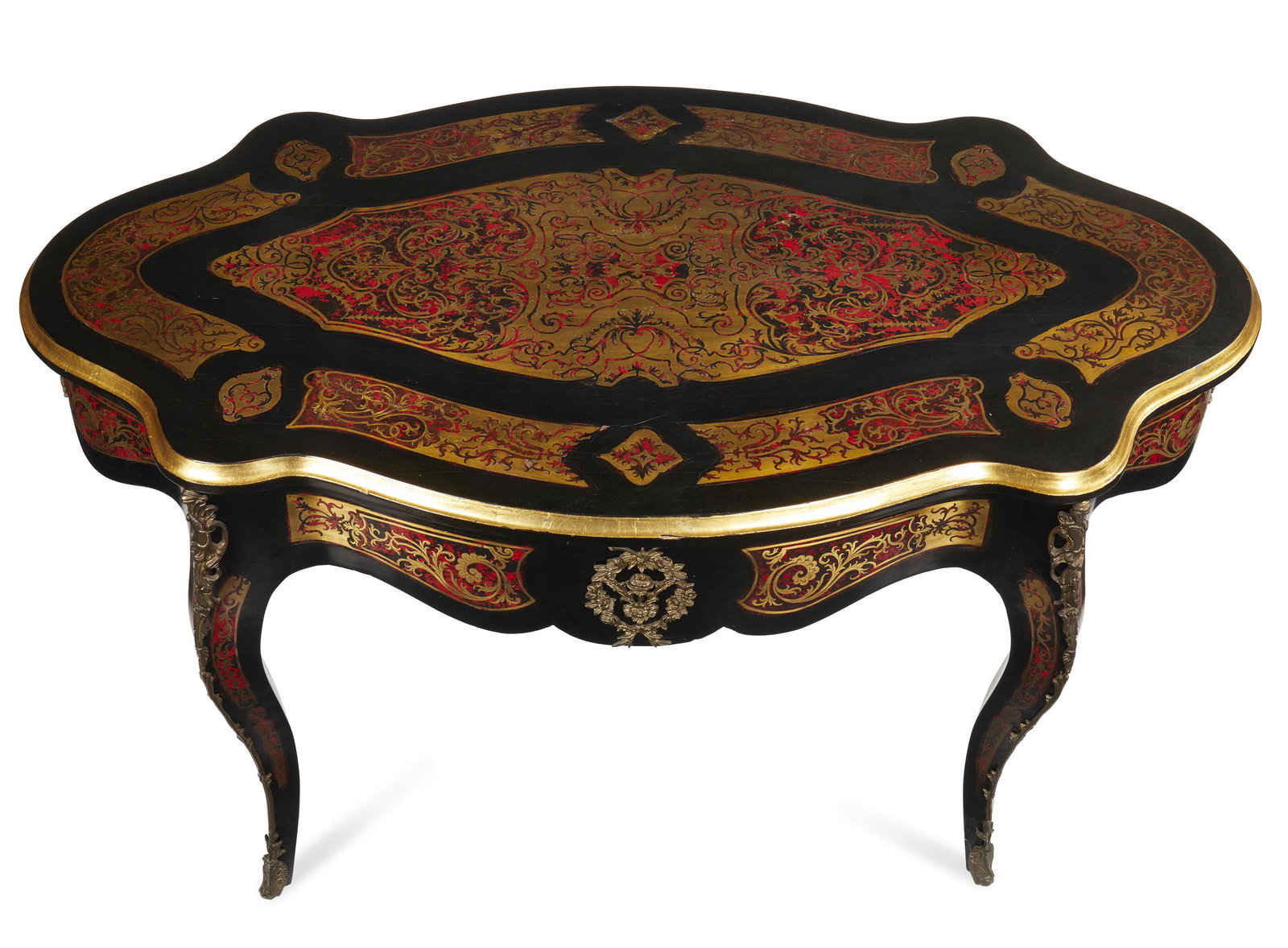 A large oval boulle-style center table: Circa 1900 The ornately-inlaid black, red, and gilt-painted boulle-style table on cabriole legs with bronze mounts 30" H x 55" W x 31.5" D