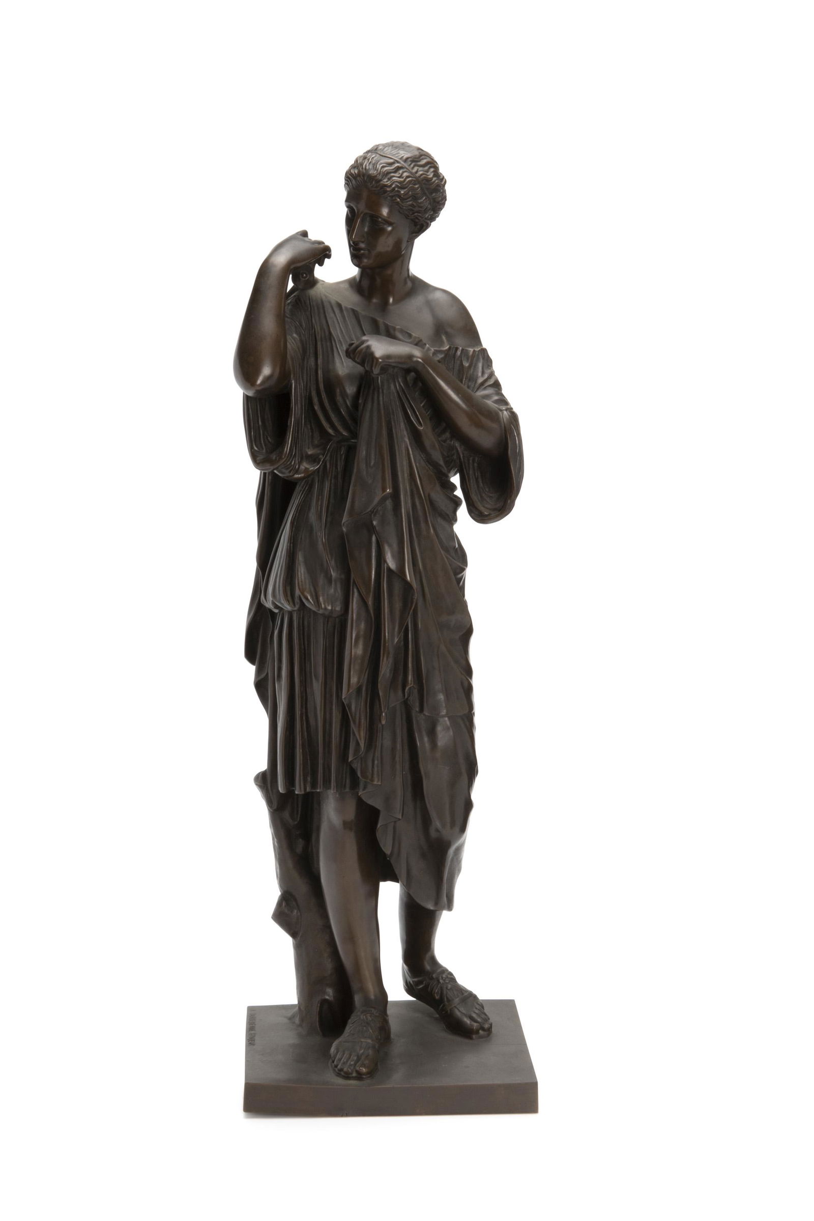 Ferdinand Barbedienne (1810-1892, French): Diana de Gabies Bronze Stamped to base with Barbedienne foundry mark: F. Barbedienne Fondeur / Reduction Mecanique A Collas 26.75" H x 9.25" W x 6.875" D