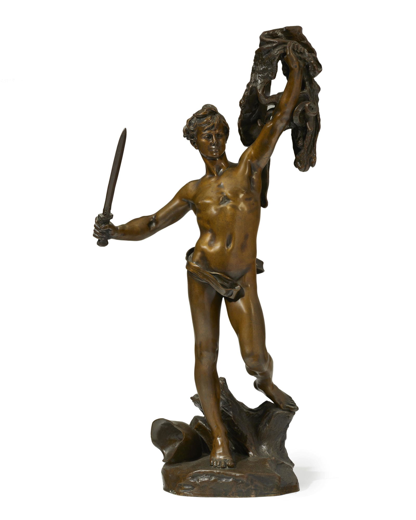 Alfred Desire Lanson (1851-1898 French): Jason and the golden fleece Patinated bronze Signed: Lanson Scpt; Pastille: Susse Freres Editeurs Paris 29.5" H x 14.5" W x 10.25" D