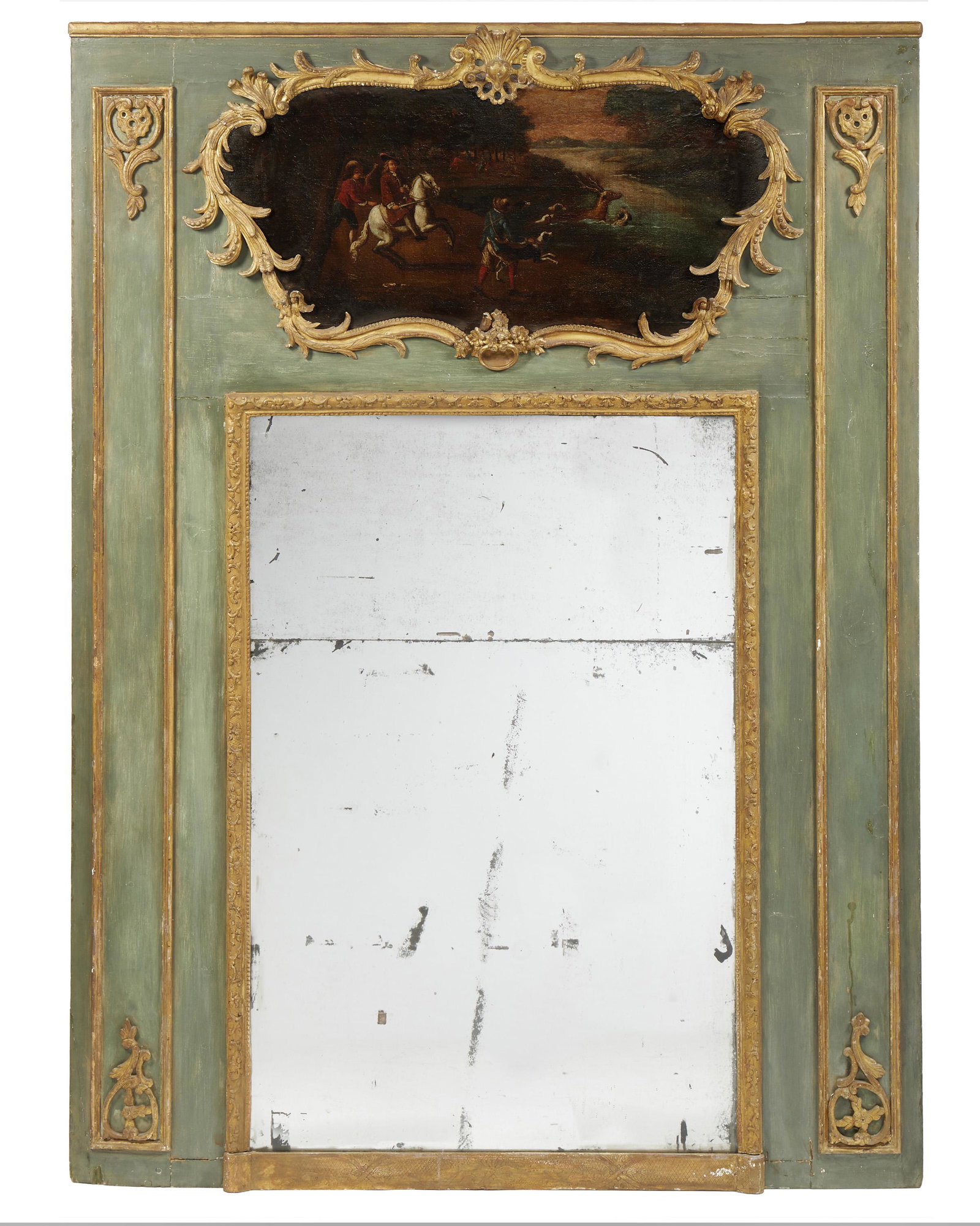 A large Louis XVI-style green trumeau mirror: 18th Century The mirror under a hunting scene with giltwood framing set in a green-painted wood frame 79" H x 58" W x 2.5" D