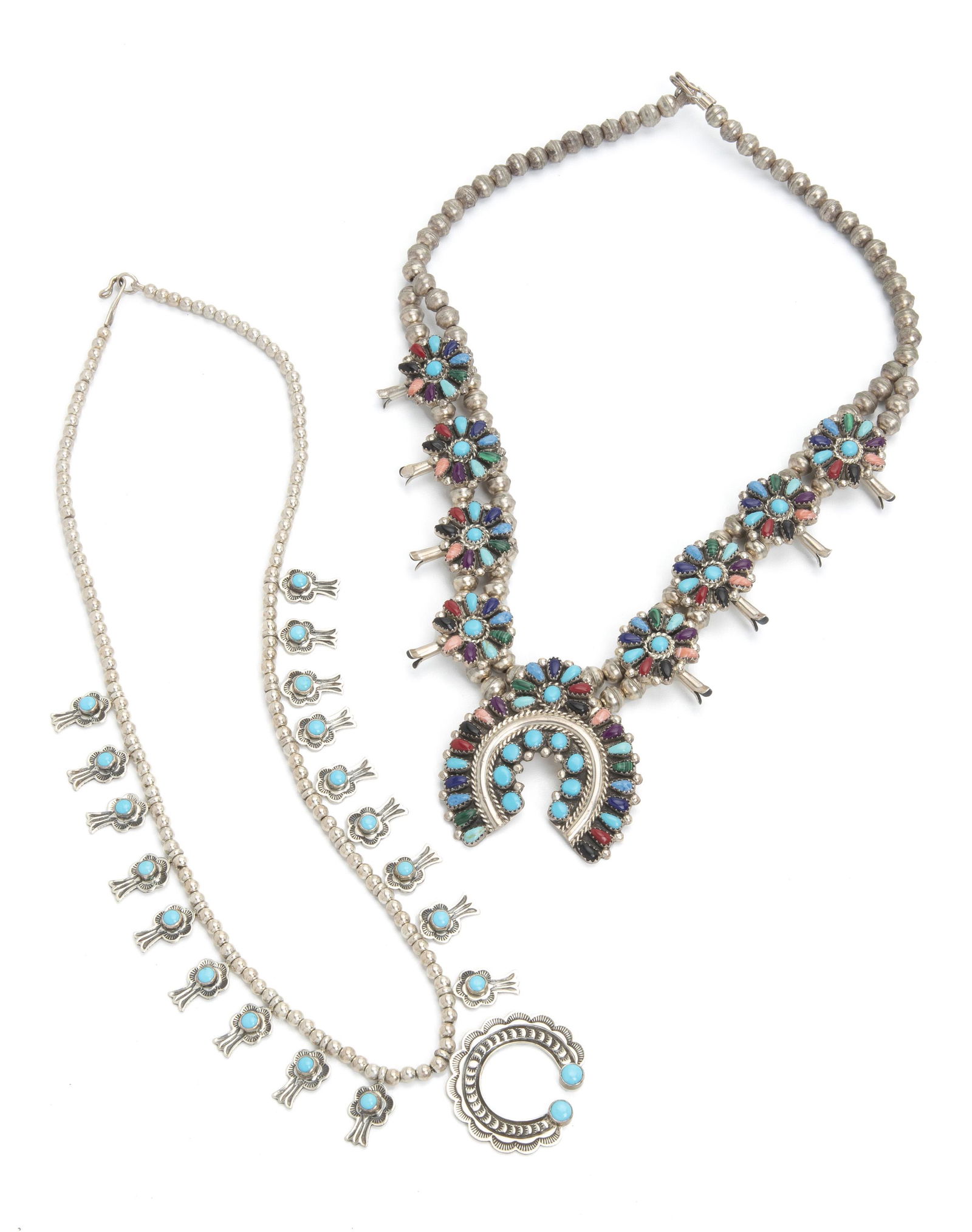 Two diminutive sterling silver squash blossom necklaces (1 of 3)