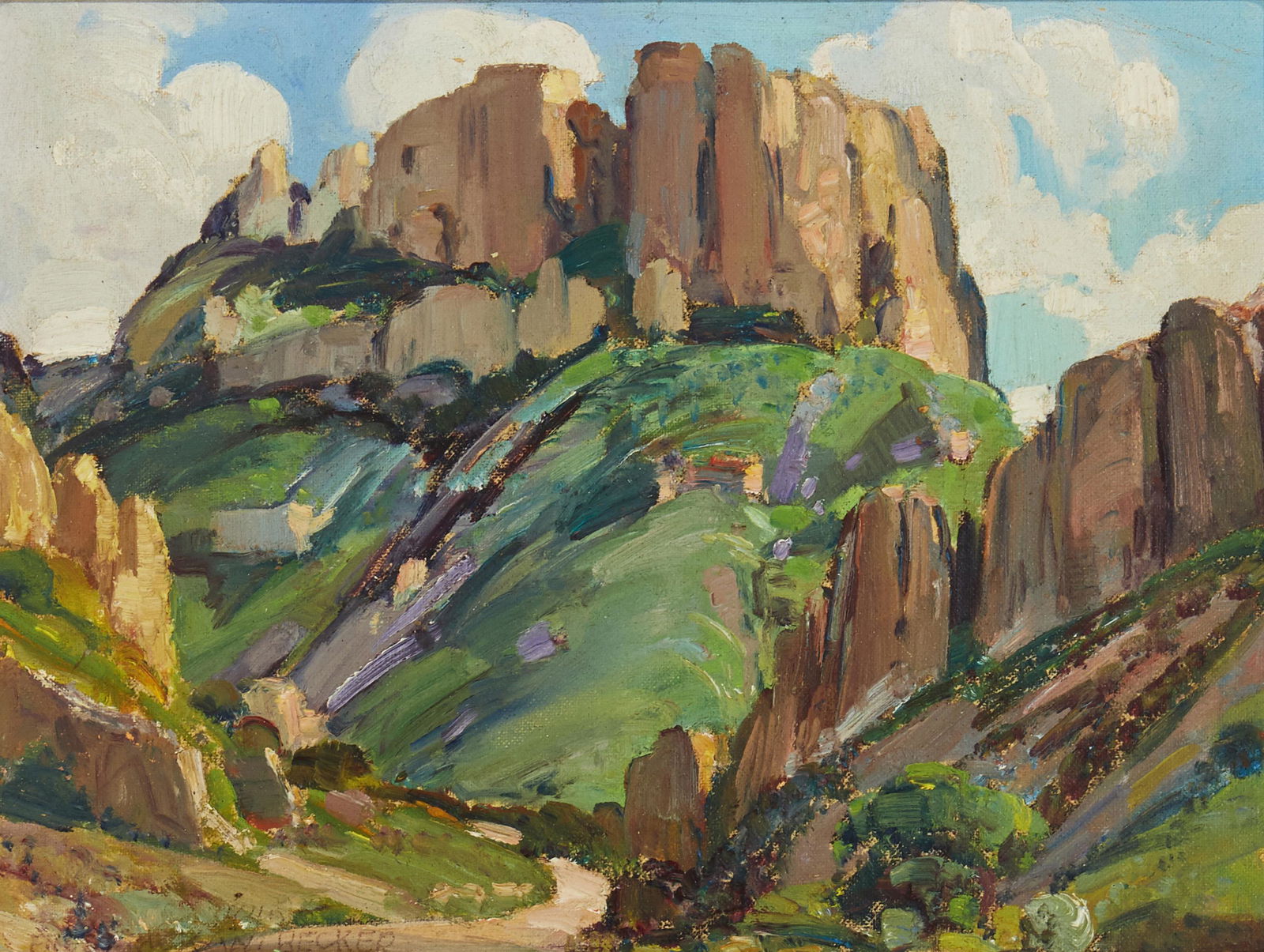 Frederick William Becker (1888-1974, Palm Springs, CA): "Casa Grande," 1940 Oil on panel Signed and dated lower left: Frederick W. Becker, signed and dated again, titled and inscribed verso: "Big Bend National Park, Texas" 9" H x 12" W