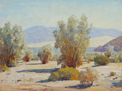 Paul Grimm (1891-1974, Palm Springs, CA): "Smoke Trees" Oil on board Signed lower right: Paul Grimm, titled on a card affixed to the backing board 12" H x 16" W Provenance: George Stern Fine Art, West Hollywood, CA. Sale: John Moran Auc