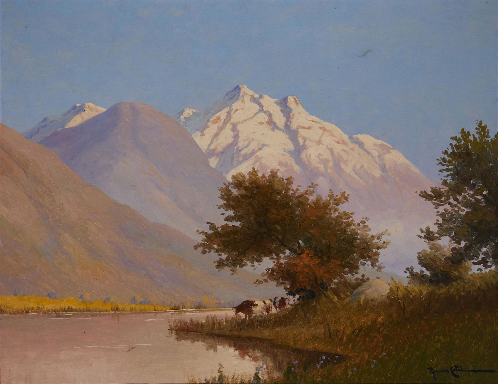 Benito Ramos Catalan (1888-1961, Chilean): Cows watering in a Andean mountain landscape Oil on canvas Signed lower right: Ramos Catalan 29.25" H x 37.25" W