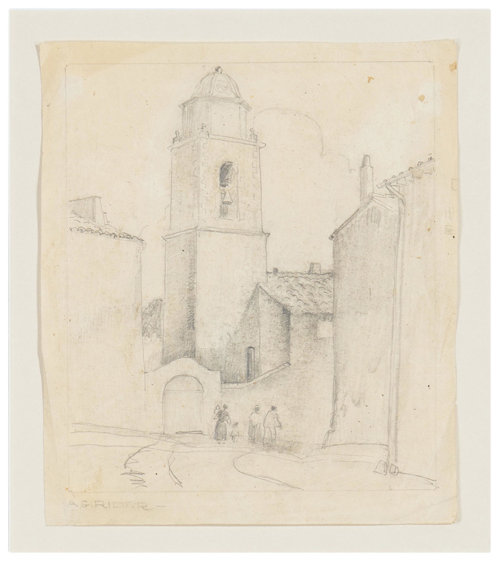 Arthur Grover Rider (1886-1975, Pasadena, CA): Mission scene Pencil on paper under glass Signed lower right: A.G. Rider 8" H x 7" W