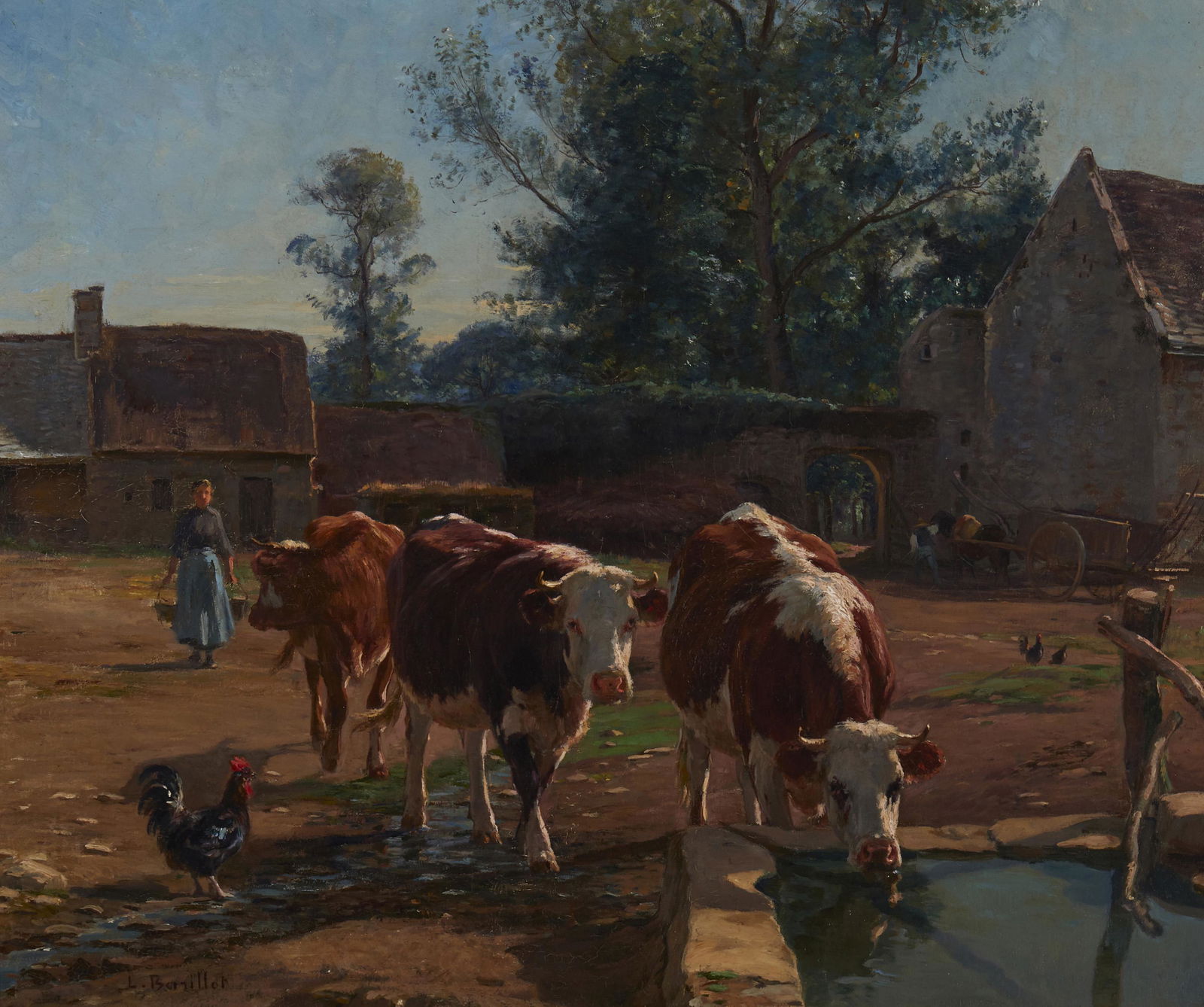 Leon Barillot (1844-1929, French): Cows at the water trough Oil on canvas laid to waxed canvas Signed lower left: L. Barillot 21.5" H x 25.75" W Provenance: Estate of Dewitt McCall III, Los Alamitos, CA