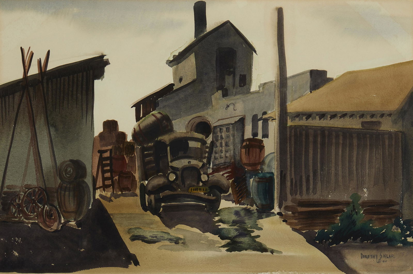 Dorothy Sklar (1906-1996, Los Angeles, CA): Truck in a brewery, 1944 Watercolor on paper under glass Signed and dated lower right: Dorothy Sklar / 44, and with the copyright symbol Sight: 13" H x 19.25" W