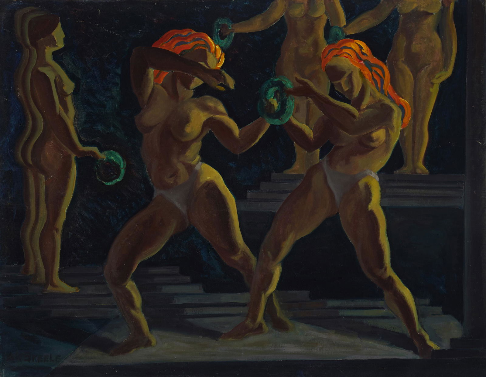 Anna Katherine Skeele (1896-1963, Pasadena, CA): Stylized female dancers Oil on canvas Signed lower left: A.K. Skeele 26" H x 34" W Provenance: Estate of Dewitt McCall III, Los Alamitos, CA