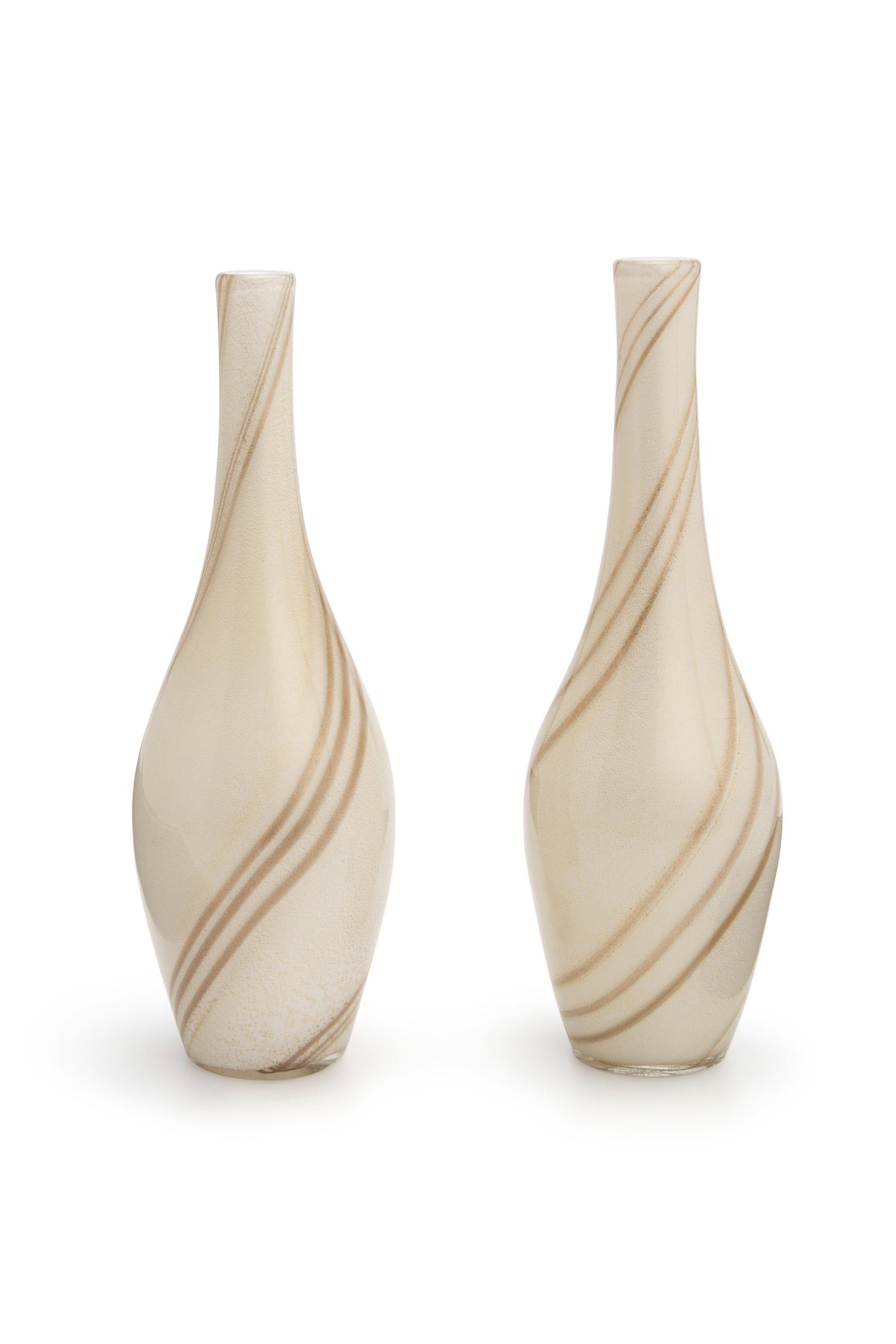 A pair of Italian Barbini ribbon swirl, metallic, and: One with a metallic label: Venetian made by Alfredo Barbini for Weil made for Murano glass Each approximately: 9.75" H x 2.75" Dia.