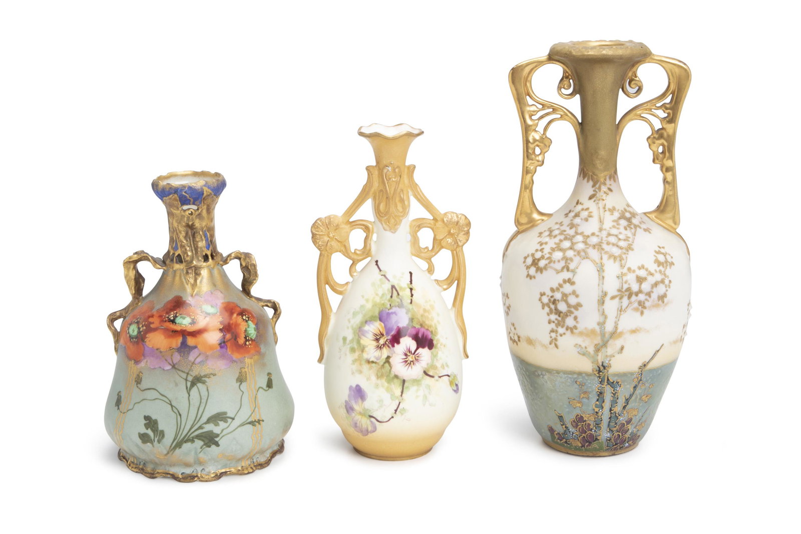 Three Amphora double-handled vases: Late-19th/early-20th Century; Teplitz, Austria Each marked for maker, various marks include [Crown], RStK stamp, Ernst-Wahliss Turn-Teplitz stamps Each narrow-necked Art Nouveau double-handled vase wi