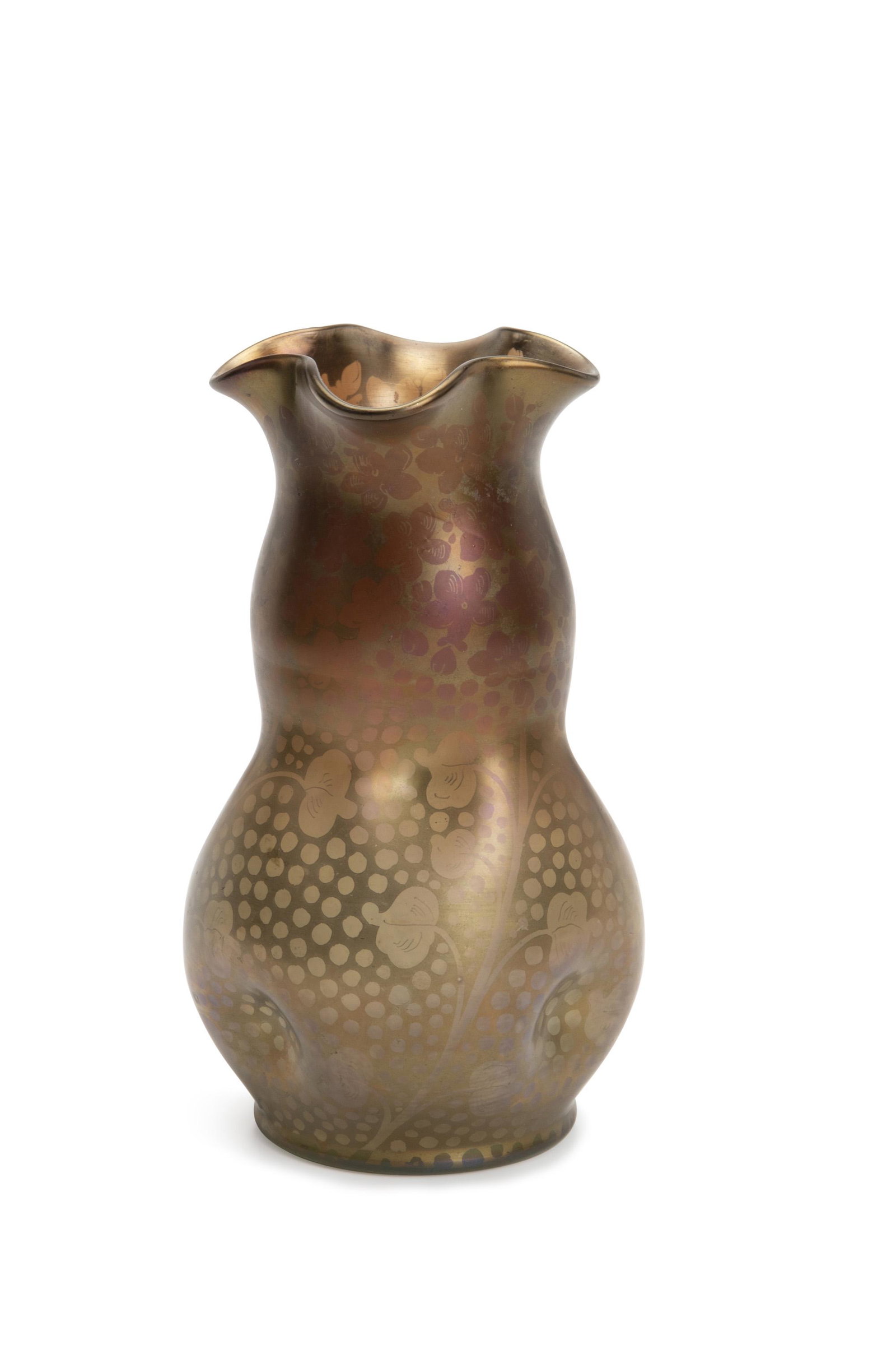 An iridescent free-form Loetz-style cabinet vase: Late-19th Century Apparently unsigned The iridescent glass body with pinched free-form floral and dot design 6.75" H x 3.5" Dia.