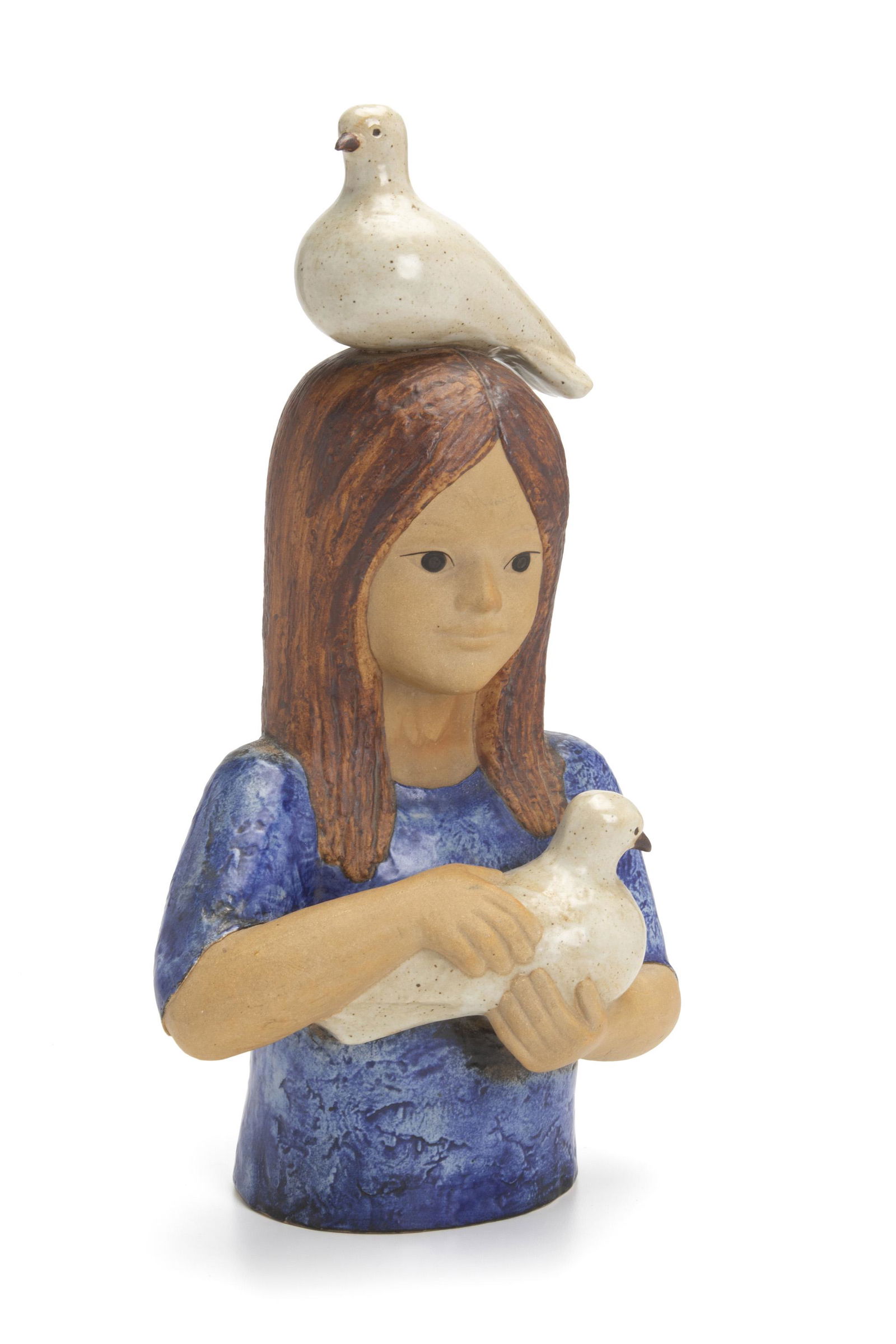 A Lisa Larson for Gustavsberg ceramic sculpture: Fourth-quarter 20th Century Signed and marked for artist and studio A bust of a girl holding a dove with another atop her head 18" H x 9.5" W x 5" D