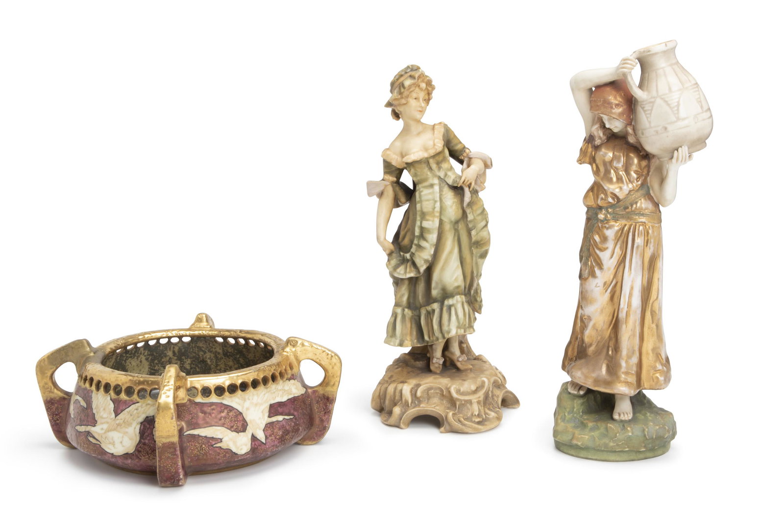 Three Teplitz-style porcelain items: Late-19th/early-20th Century; Teplitz, Austria Each marked for maker with various stamps including Amphora Riessner & Kessel Turn-Teplitz [Crown], Amphora Works [Austria Oval], Amphora Works Turn [Imp