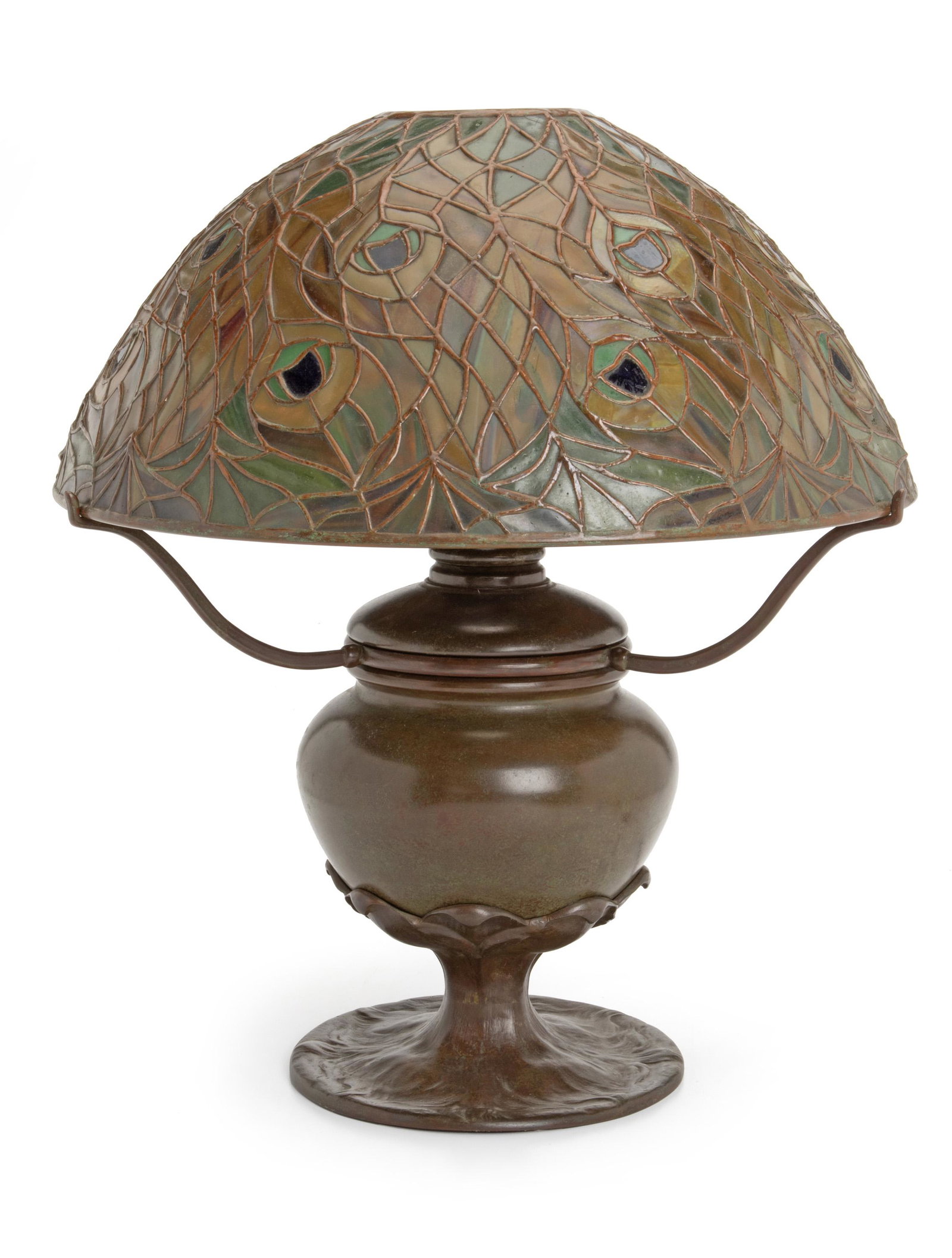 A Contemporary table lamp with leaded glass shade: Apparently unmarked The three-light bulbous based lamp with peacock pattern leaded glass lampshade Overall: 17.25" H x 16.5" Dia. Provenance: Estate of Dewitt McCall III, Los Alamitos, CA