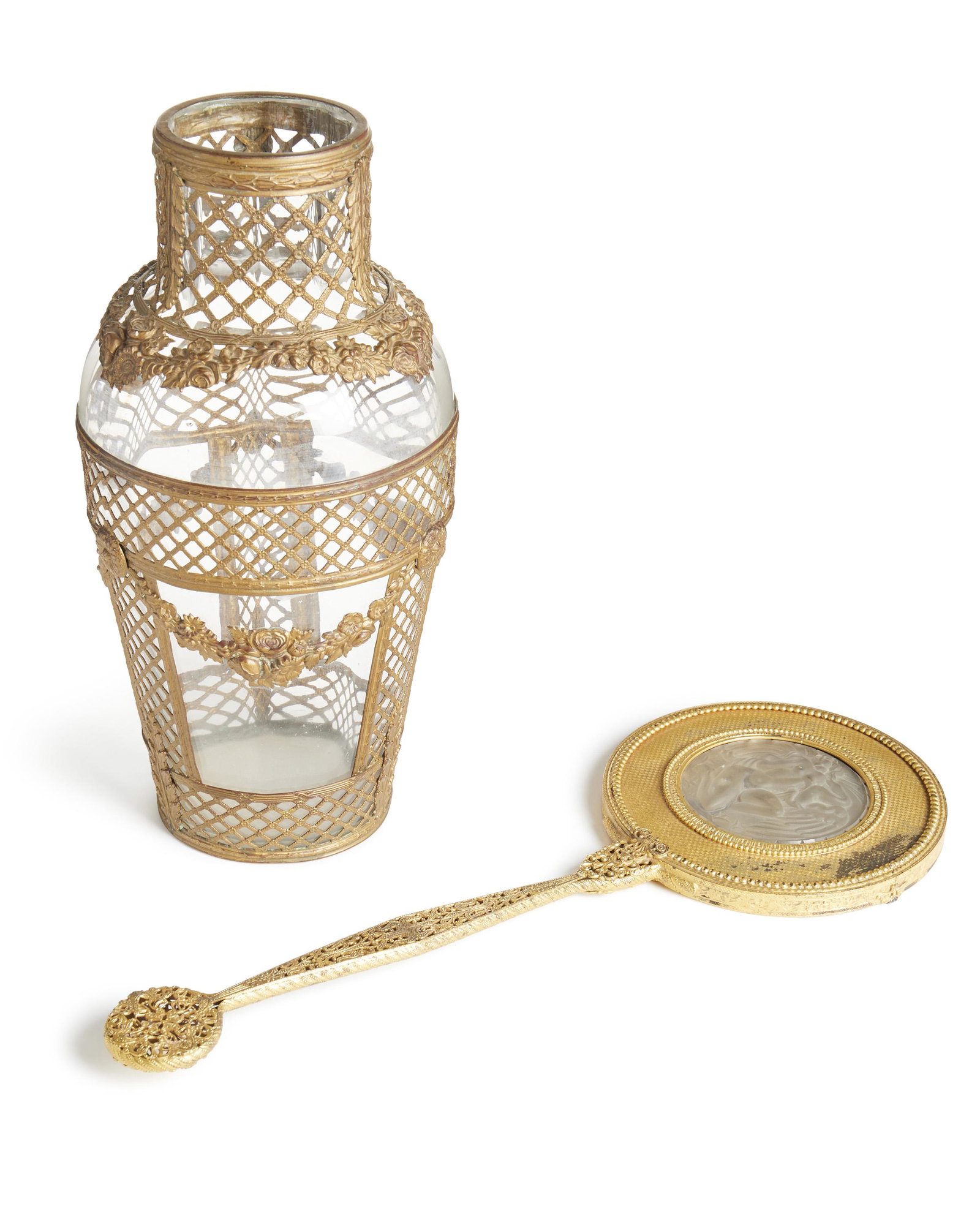 Two gilt metal frosted glass table items: Comprising a mirror and gilt metal crystal vase, 2 pieces Vase: 11.5" H x 5" Dia.