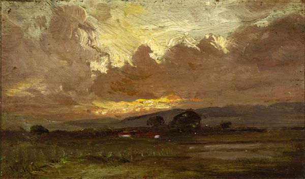 William Keith (1838-1911): Landscape and clouds at sunset, signed lower left: W. Keith, oil on panel, 5'' x 8.25'', est:$2000/3000. Note: Numbered on the verso: #94. Provenance: Grace Van Tine Hartley Trust