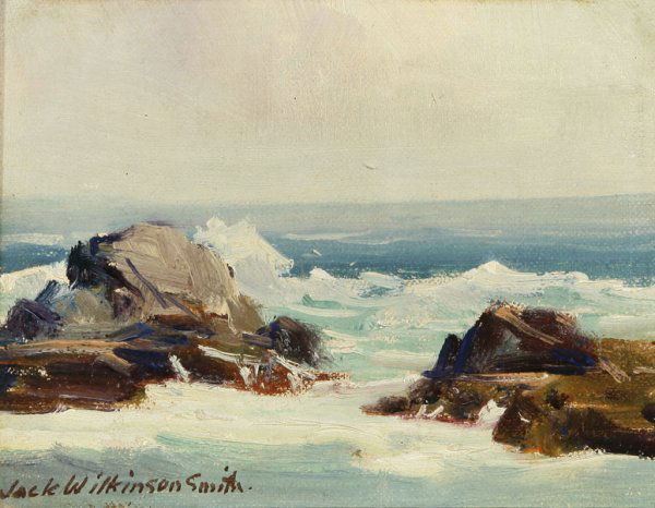 Jack Wilkinson Smith (1873-1949): Crashing waves on rocks, signed lower left: Jack Wilkinson Smith, oil on canvas, 4.5'' x 6'', est:$1500/2000