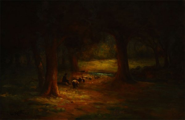 William Keith (1838-1911): Shepherd herding sheep in an oak glade, signed and inscribed lower left: W. Keith S.F., oil on canvas laid to canvas, 20.25'' x 30.25'', est:$4000/6000. Provenance: A nonprofit organization, Colorado