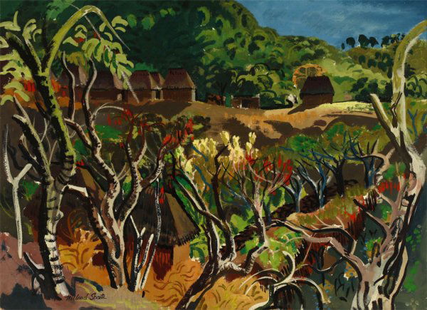 Millard Sheets (1907-1989): Tropics, signed lower left: Millard Sheets, acrylic on board under glass, board size: 22'' x 30'', est:$8000/12,000. Provenance: Tony Sheets, son of the artist (see verso inscription); Private Collect