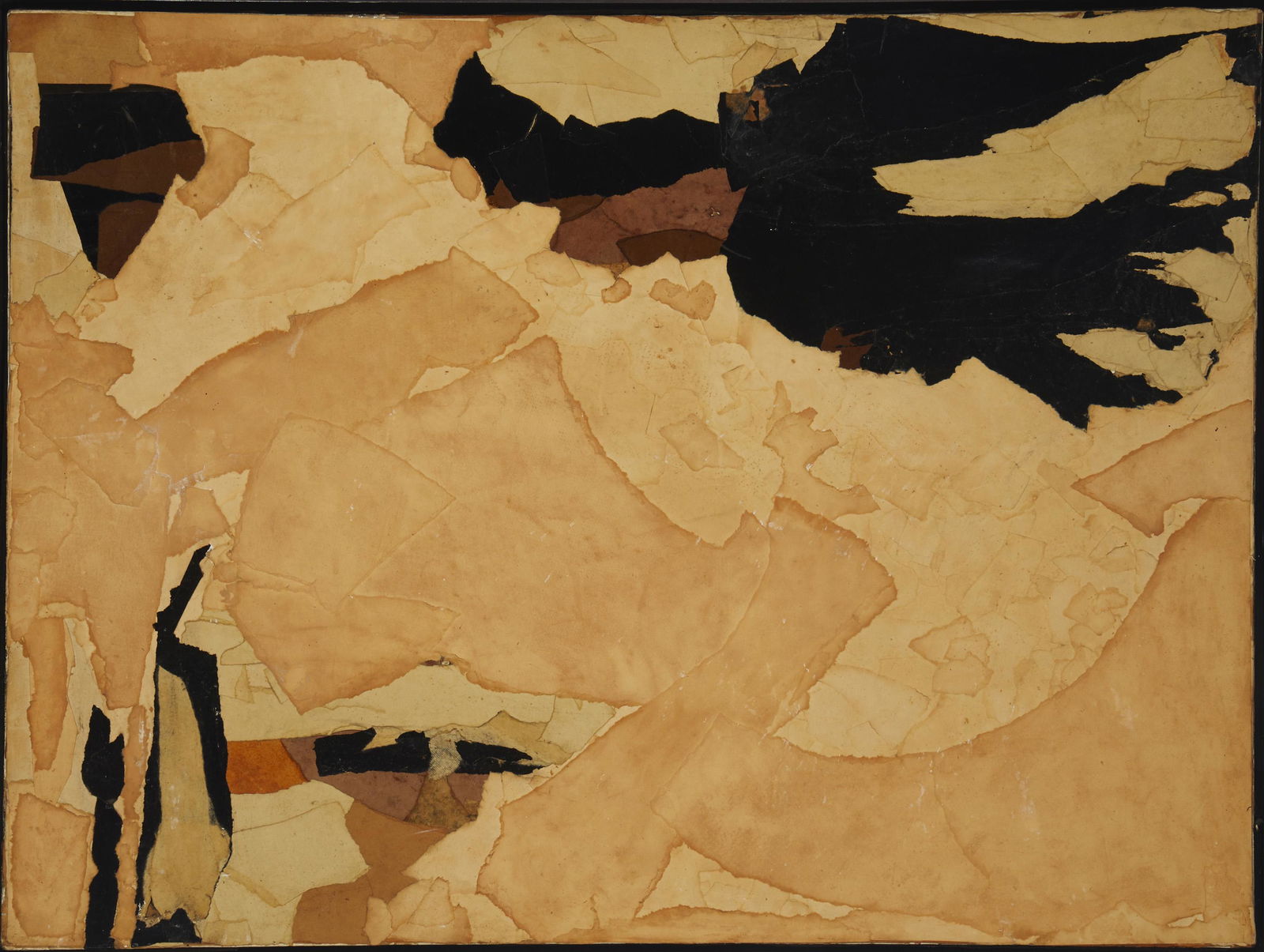 Ruth Norman (1909-2010, American): "Shadows Sounds" Collage on canvas Signed lightly in pencil verso: Ruth Norman, titled by repute 30" H x 40" W Provenance: Paideia Gallery, Los Angeles, CA