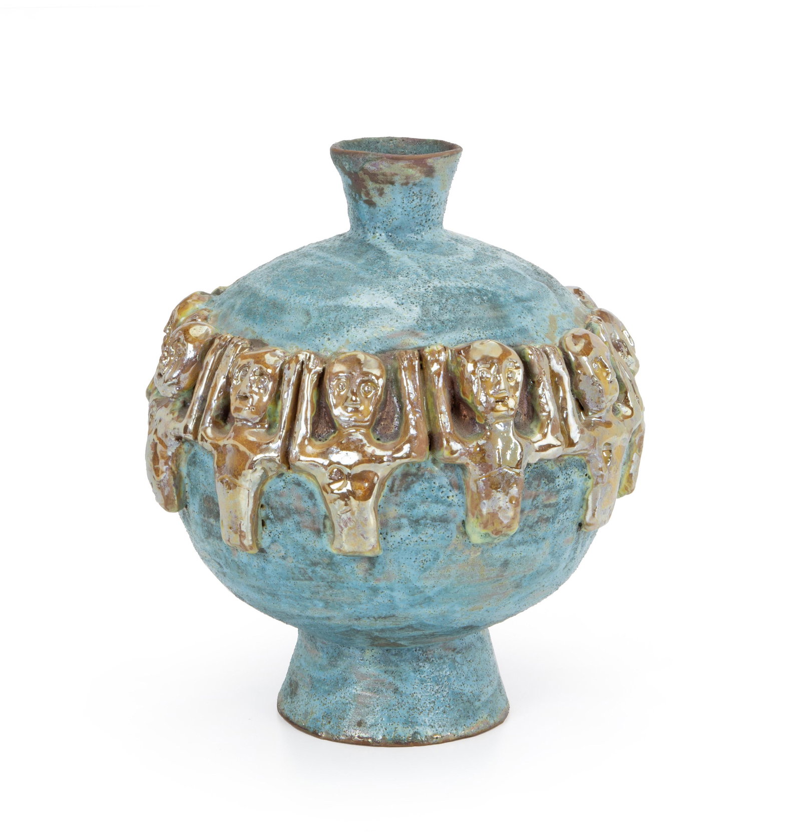 Beatrice Wood (1893-1998, American): Figural vase Glazed ceramic with applied iridescent figures Signed: Beato 10.5" H Notes: Photographs of Beatrice Wood holding the pot, as well as a letter, dated February 3rd, 1991 accompanies the lot