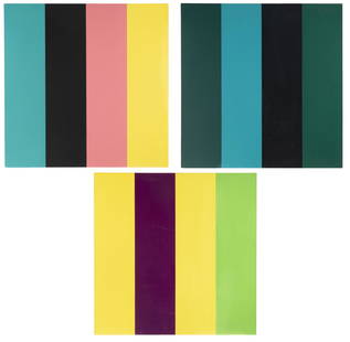 Penelope Krebs (b. 1954, American): "Untitled 90-12" (green, turquoise, black, green) Oil on canvas stretched around panel 44" H x 44" W Signed verso: P. Krebs "Untitled 90-15" (yellow, purple, yellow, green) Oil on canvas stretch
