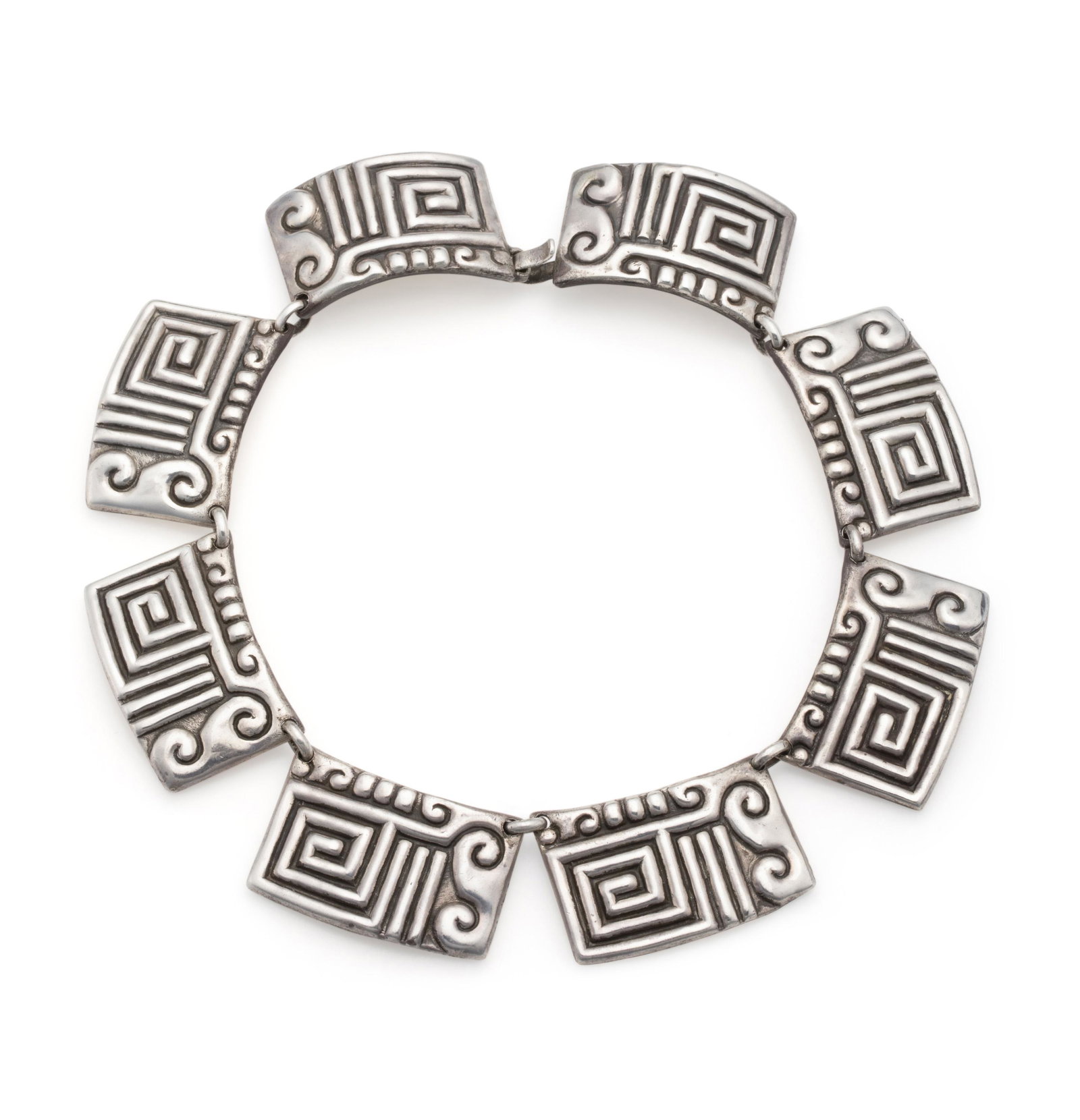 A Matl Aztec-motif silver necklace: 1934-1948; Taxco, Mexico Stamped: Matl Designed with Aztec-style panels joined by handmade rings 14" L x 1.125" H 132.0 grams Provenance: The Collection of Cindy Tietze-Hodosh and Stuart Hodosh