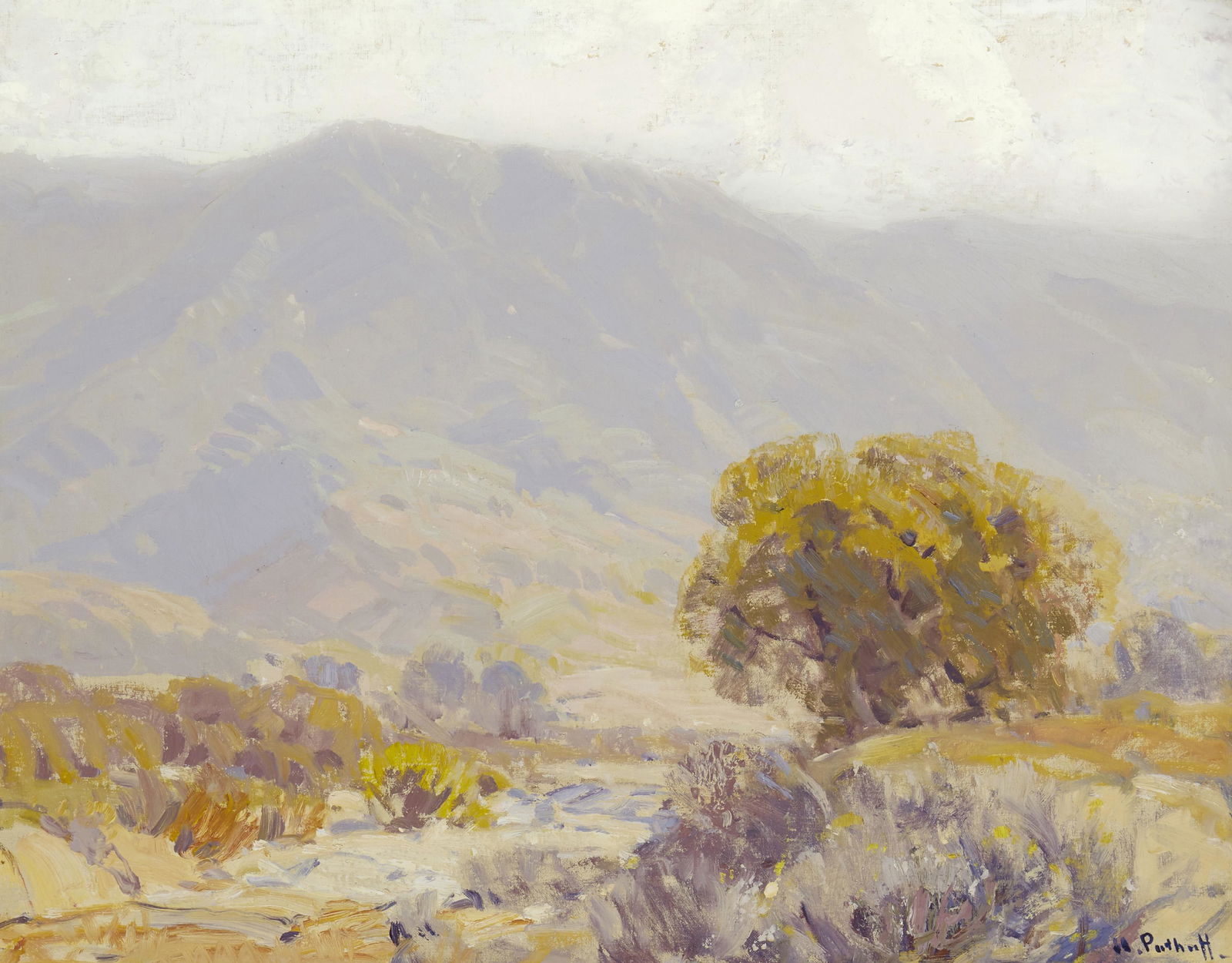 Hanson Duvall Puthuff (1875-1972, Corona Del Mar, CA): "Friendly Slopes" Oil on canvas laid to board Signed lower right: H. Puthuff, titled verso 16" H x 20" W Provenance: George Stern Fine Arts, West Hollywood / Carmel, CA Sale: Bonhams California,