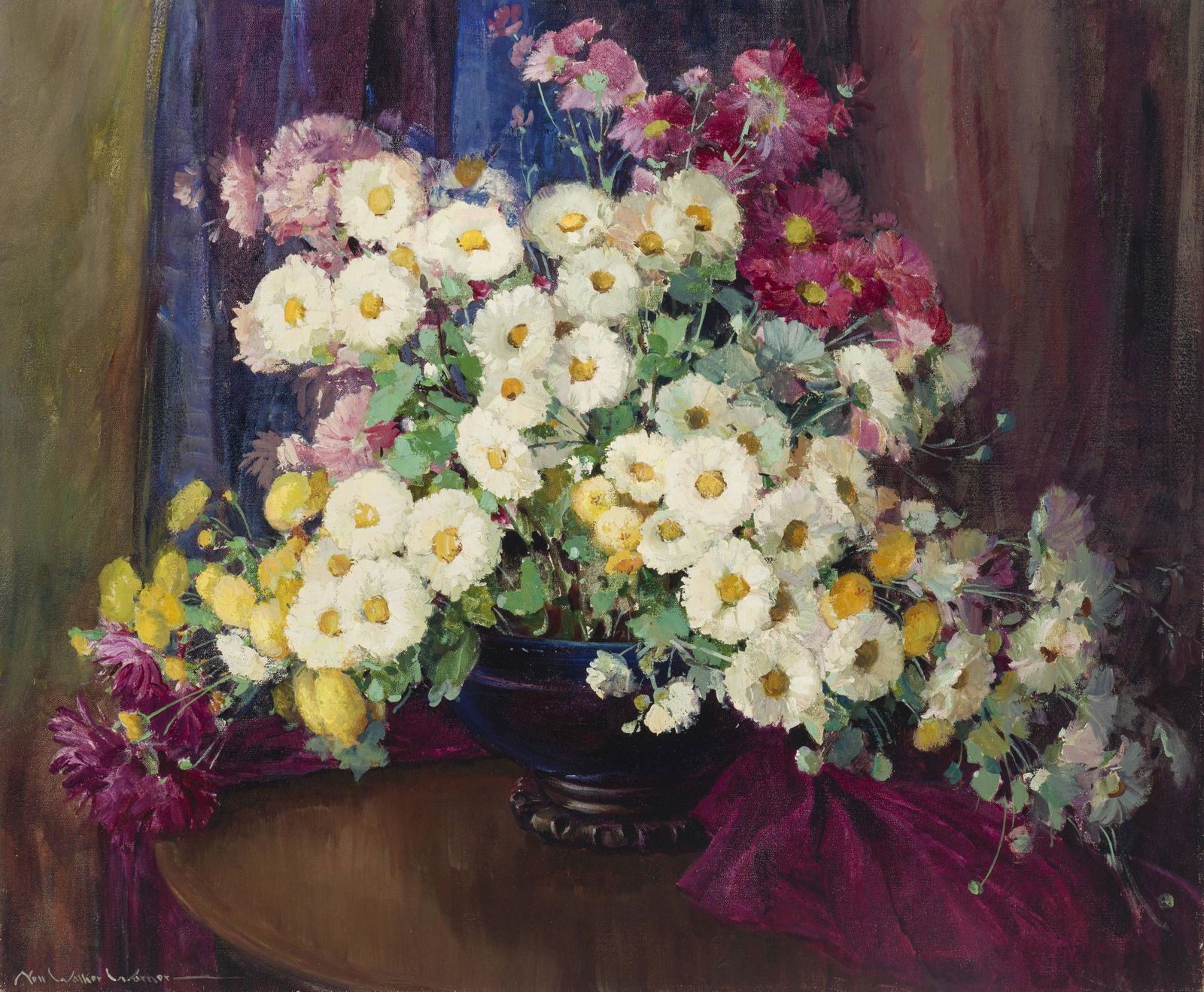 Nell Walker Warner (1891-1970, Carmel, CA): "Mirror of Autumn," floral still life Oil on canvas Signed lower left: Nell Walker Warner, signed again and titled on the stretcher 30" H x 36" W Provenance: Estate of Dewitt McCall III, Los Alam