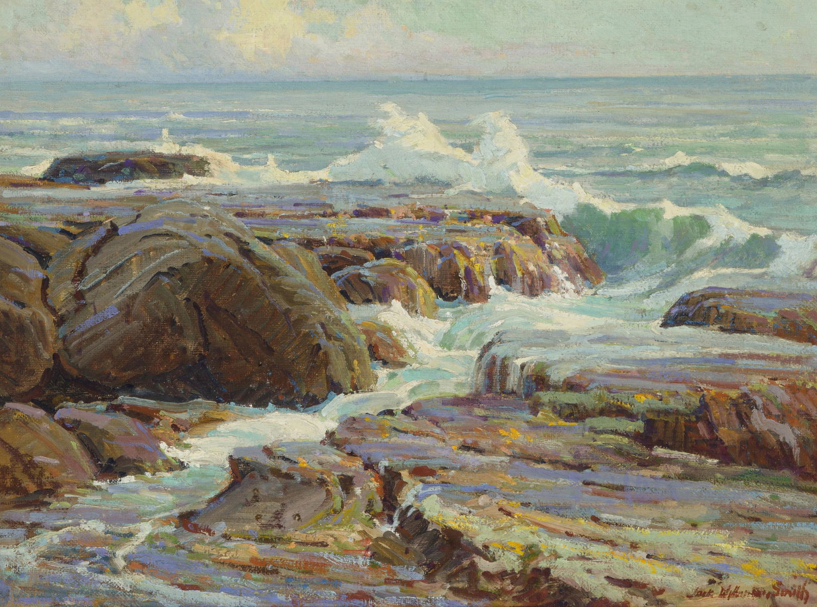 Jack Wilkinson Smith (1873-1949, Alhambra, CA): "Wood's Cove-Laguna Beach" Oil on canvas laid to waxed canvas Signed lower right: Jack Wilkinson Smith, titled on a gallery label affixed to the backing board 18" H x 24" W