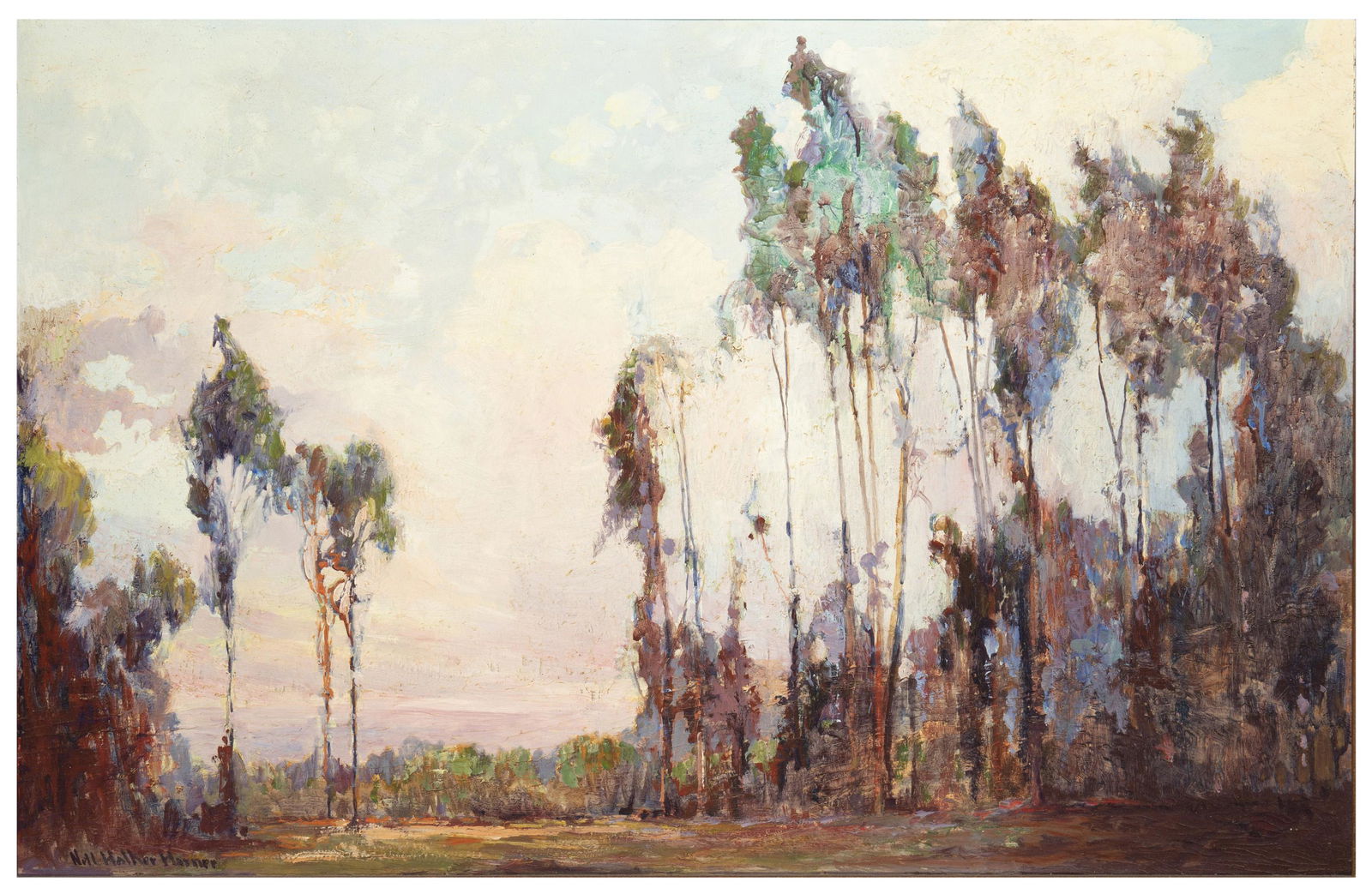 Nell Walker Warner (1891-1970, Carmel, CA): Eucalyptus landscape Oil on board Signed lower left: Nell Walker Warner 23" H x 35" W
