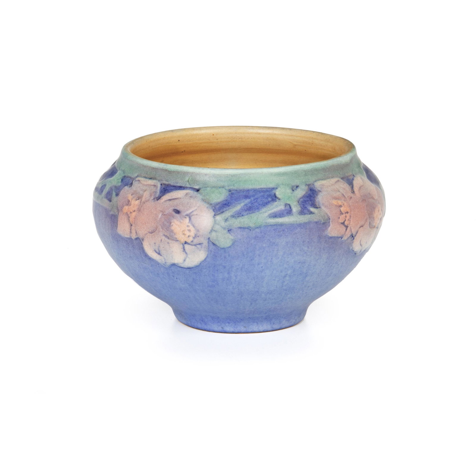 A Newcomb College bulbous vase: 1923 Stamped for Joseph Meyer [JM] and Sadie Irvine [SI]; Further stamped: NC / NJ 50 / 63 Thrown in buff clay by Joseph Meyer and designed by Sadie Irvine, the blue vase with pink and green floral mo