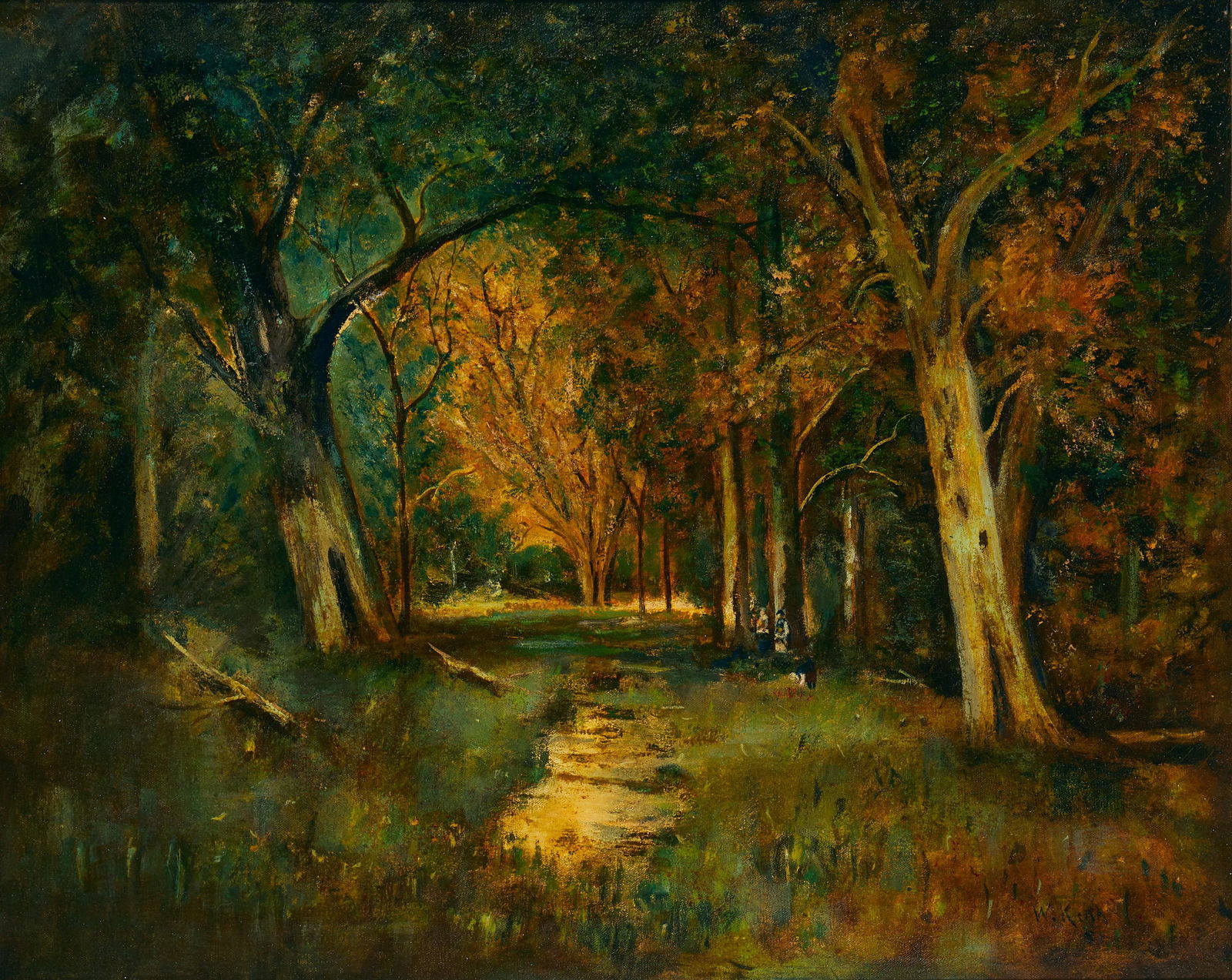 William Keith (1838-1911, Berkeley, CA): "Figures in a California Forest" Oil on canvas Signed and inscribed lower right: W. Keith / SF (for San Francisco), titled by repute 24.25" H x 30.25" W